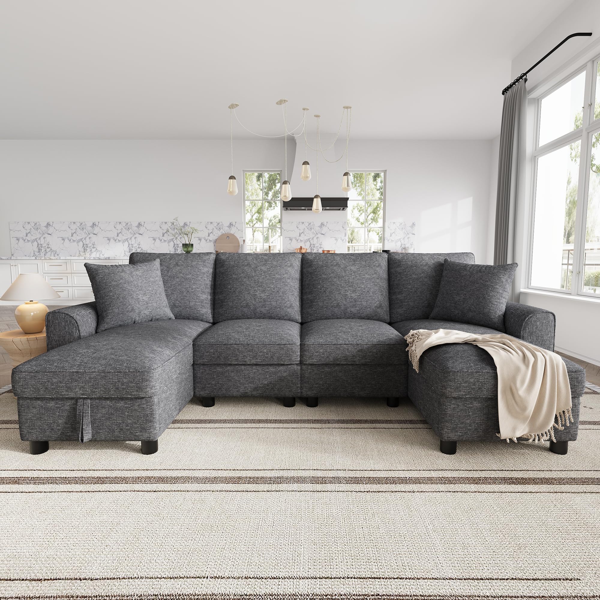 Großes Ecksofa U-Form, Chenille Wohnlandschaft mit Stauraum, Modulares Sofa mit 2 Chaiselongues und Kissen, Couchgarnitur für Wohnzimmer, Familien Sofa Grau (Grey, 4-Sitzer)