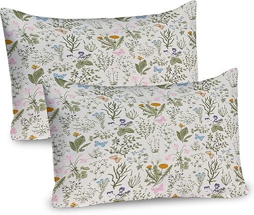 Ambesonne Juego de 2 fundas de almohada florales, plantas de jardín vintage, hierbas, flores, arte botánico de diseño clásico, artículo de