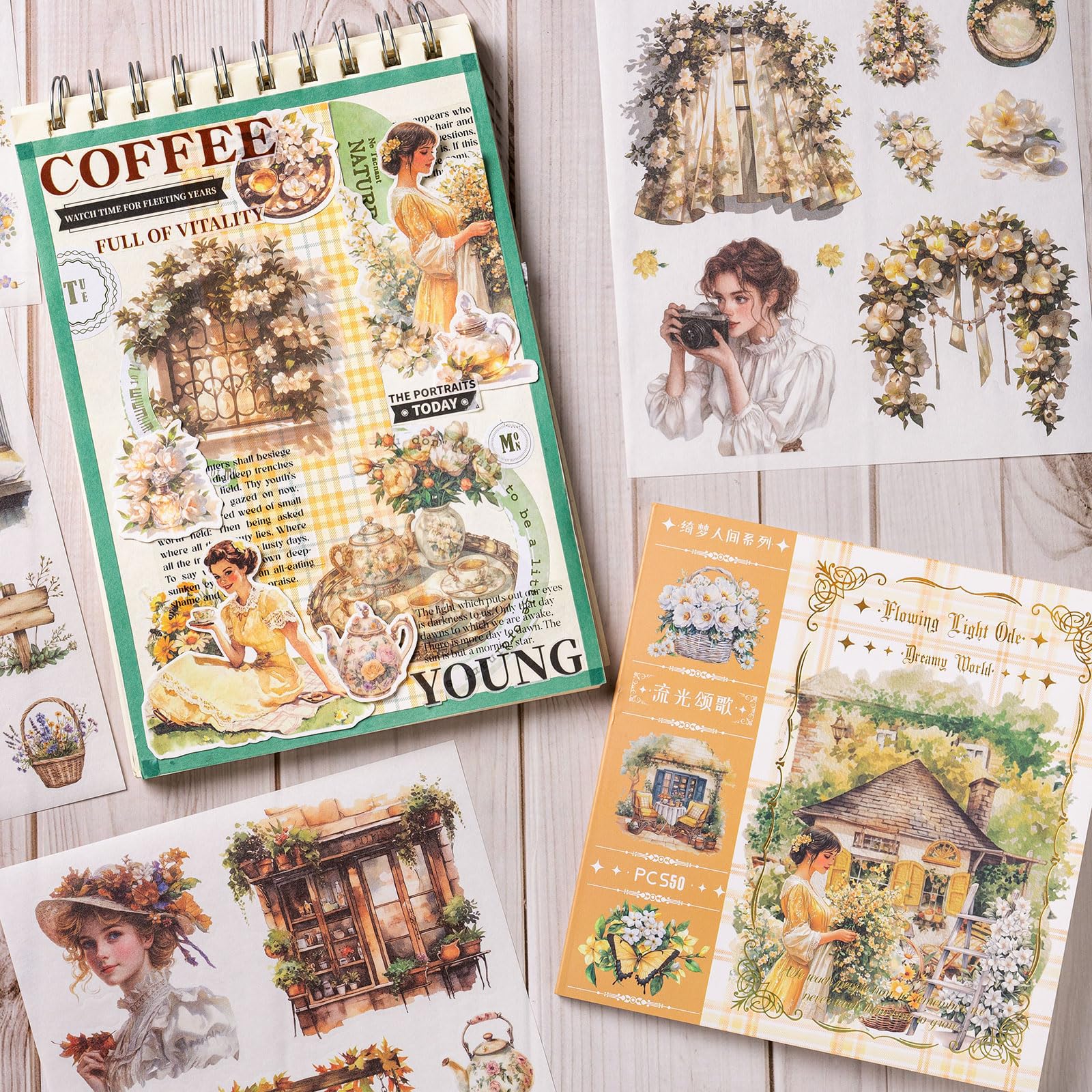 YagCu Dziennik ogrodowy, naklejka, 50 arkuszy Washi Junk Journaling Stick, artykuły do scrapbookingu, akwarela, scrapbooking dla dorosłych, żółta, dekoracyjna, efemerydy, sztuka, rękodzieło