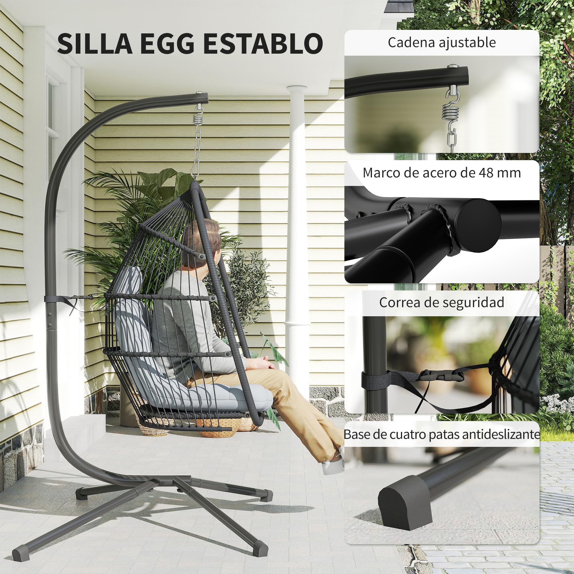 Outsunny Silla Colgante Huevo con Soporte Exterior 150 kg Gris Oscuro | Columpio Jardín, Cesta Plegable, Cojín Anti-UV, Reposacabezas Desmontable, Uso Interior