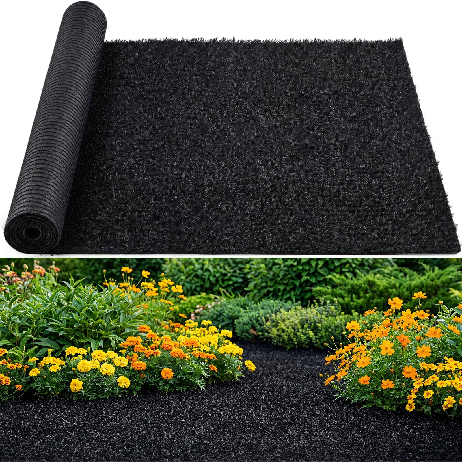 Nuanchu 2 x 10 ft Recycled Rubber Walkway, Black Rubber Mulch Mat Roll for Landscaping Outdoor, Imitation Grass Design Natural Looking Mulch Solution for Garden Pathway, Barrier & Edging Border
