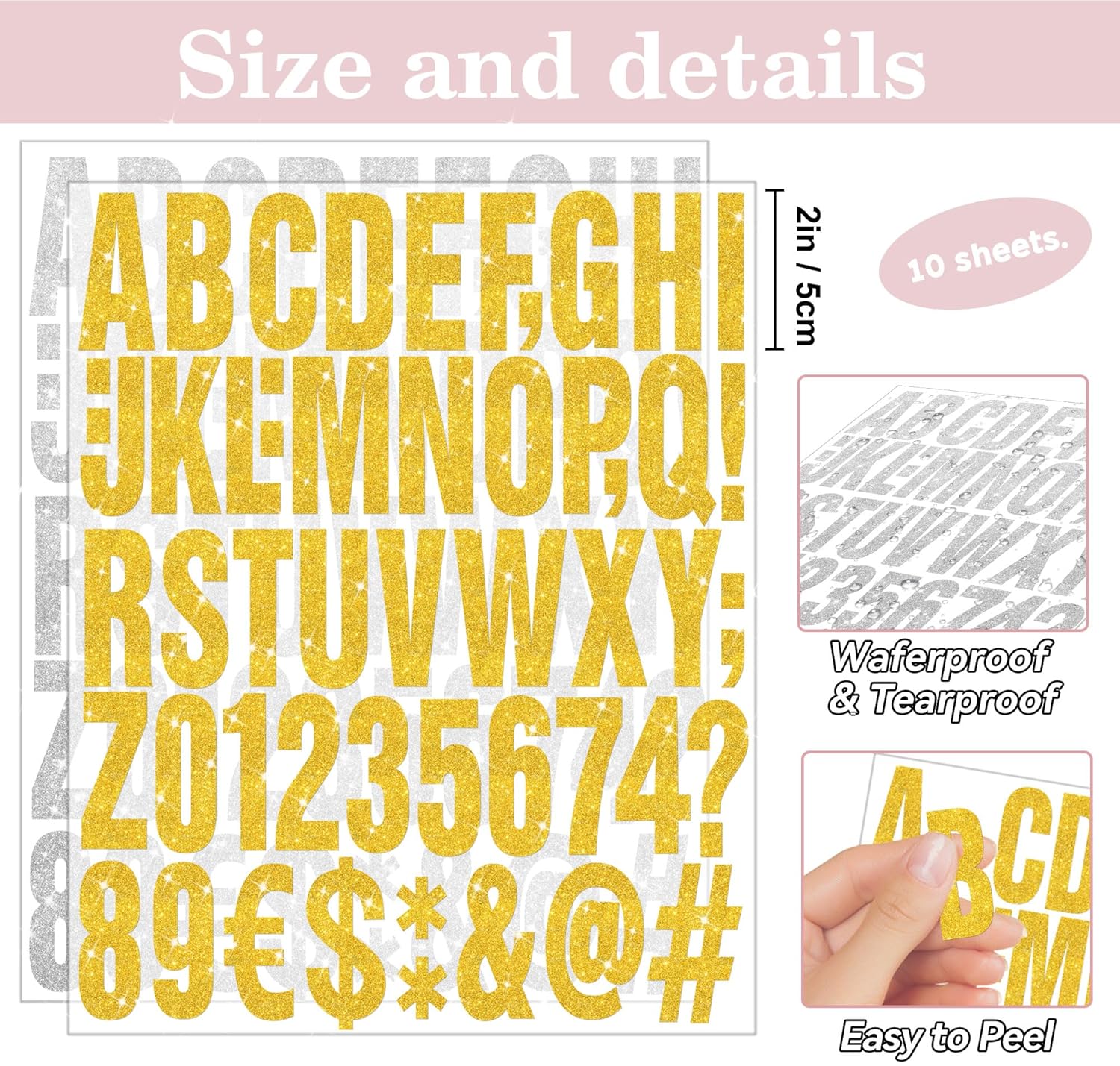 500Pcs Glitter Letter Stickers 2Inch Alphabet Stickers 10 Sheets Vinyl Self Adhesive Stickers Capital Letter Number Stickers for Scrapbooking Carfts Water Bottles Mailbox Address (Gold/Silver, 2 Inch)
