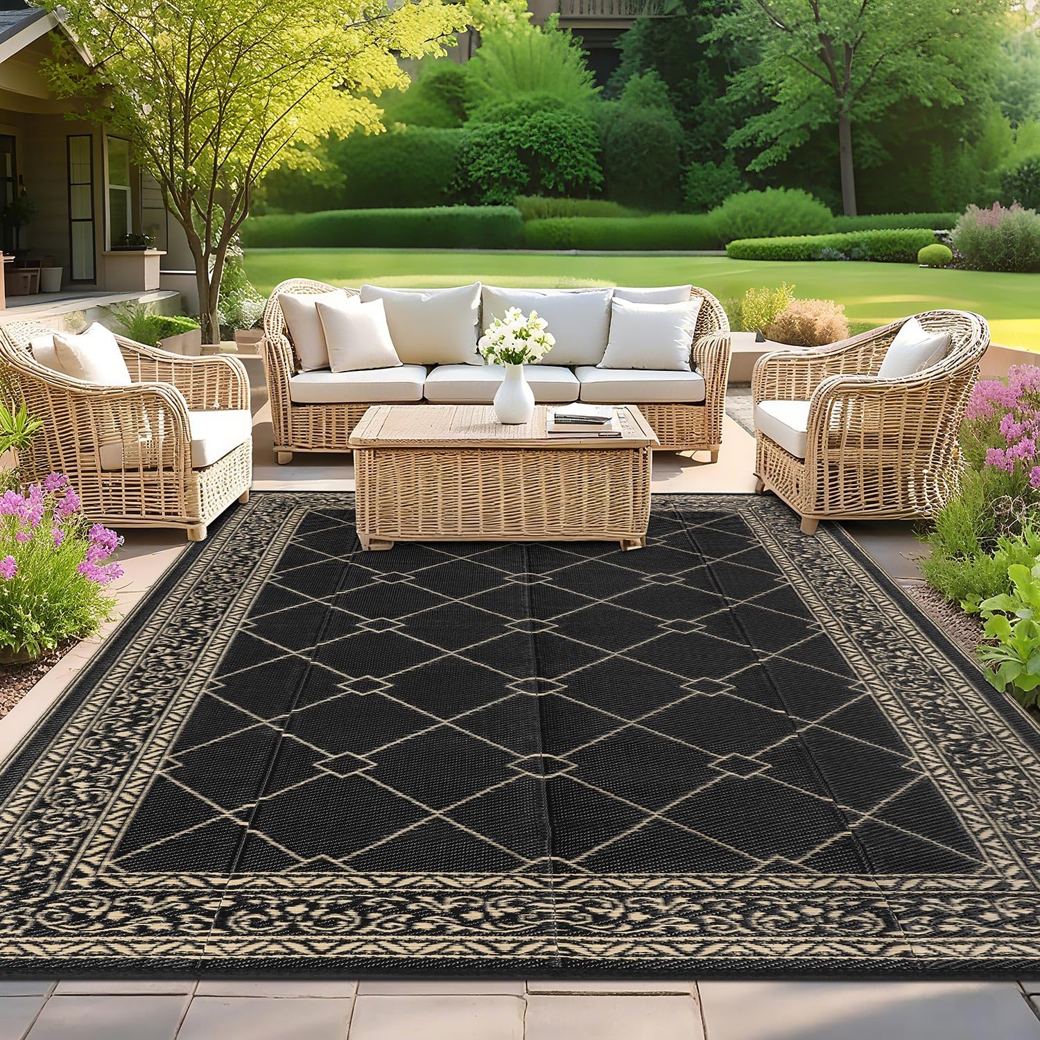 SHACOS Alfombra exterior 180x270 cm, impermeable, reversible, resistente UV, paja plástica, para jardín, patio, camping, balcón, terraza