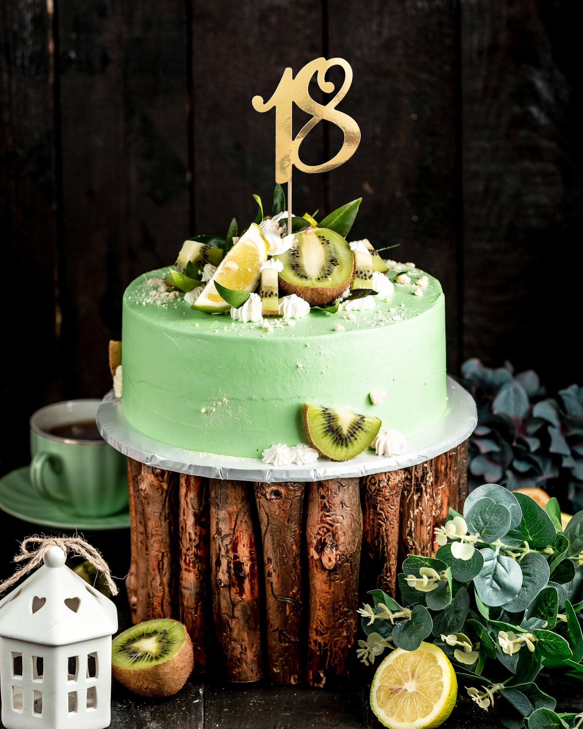 Topper Per Torta 18° Compleanno Con Glitter Oro - Numero 18 In Cartoncino Con Bastoncino In Bambù - 4