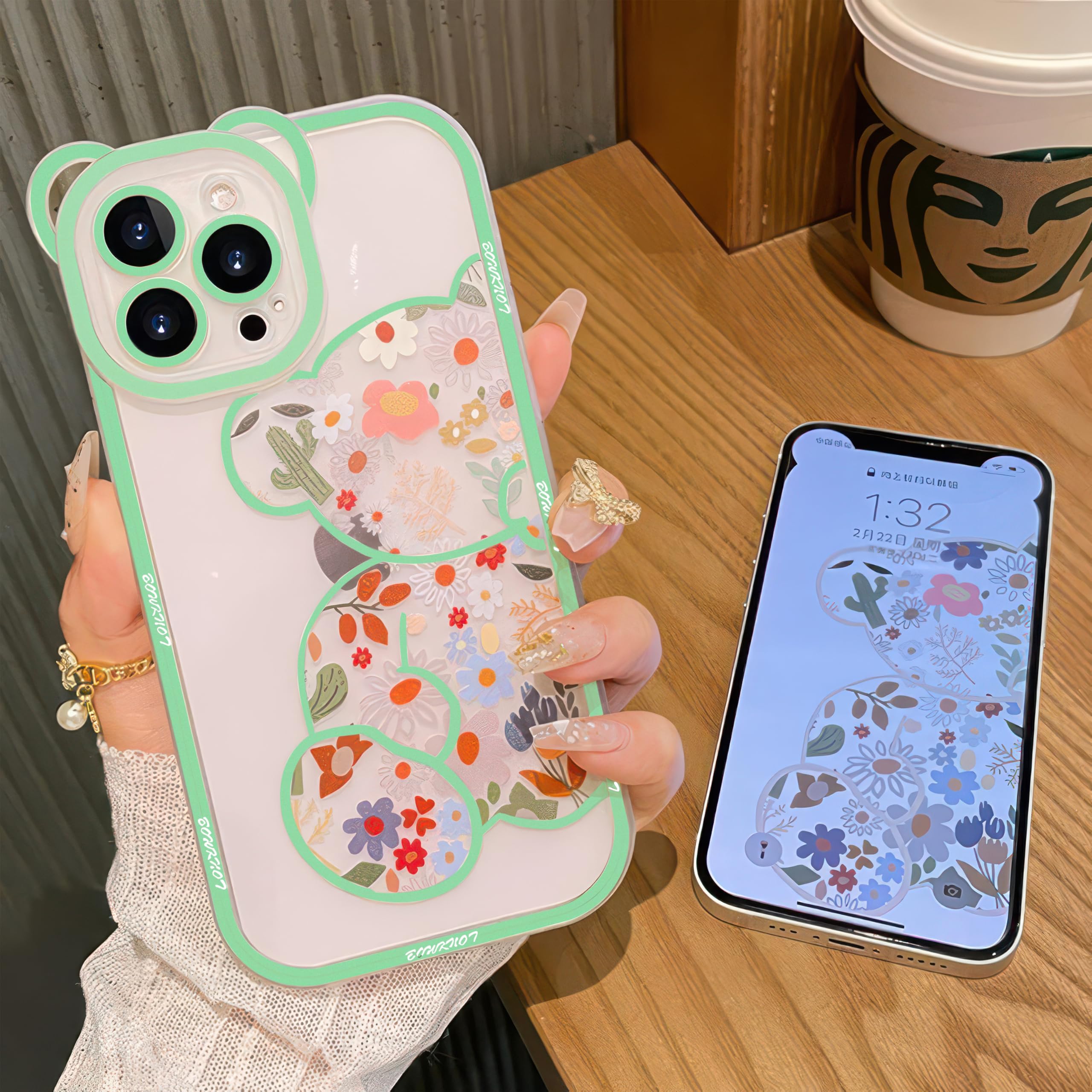 Custodia IPhone 8 Trasparente Con Motivo Floreale E Orso - Cover Con Catenella Da Polso E Protezione Fotocamera