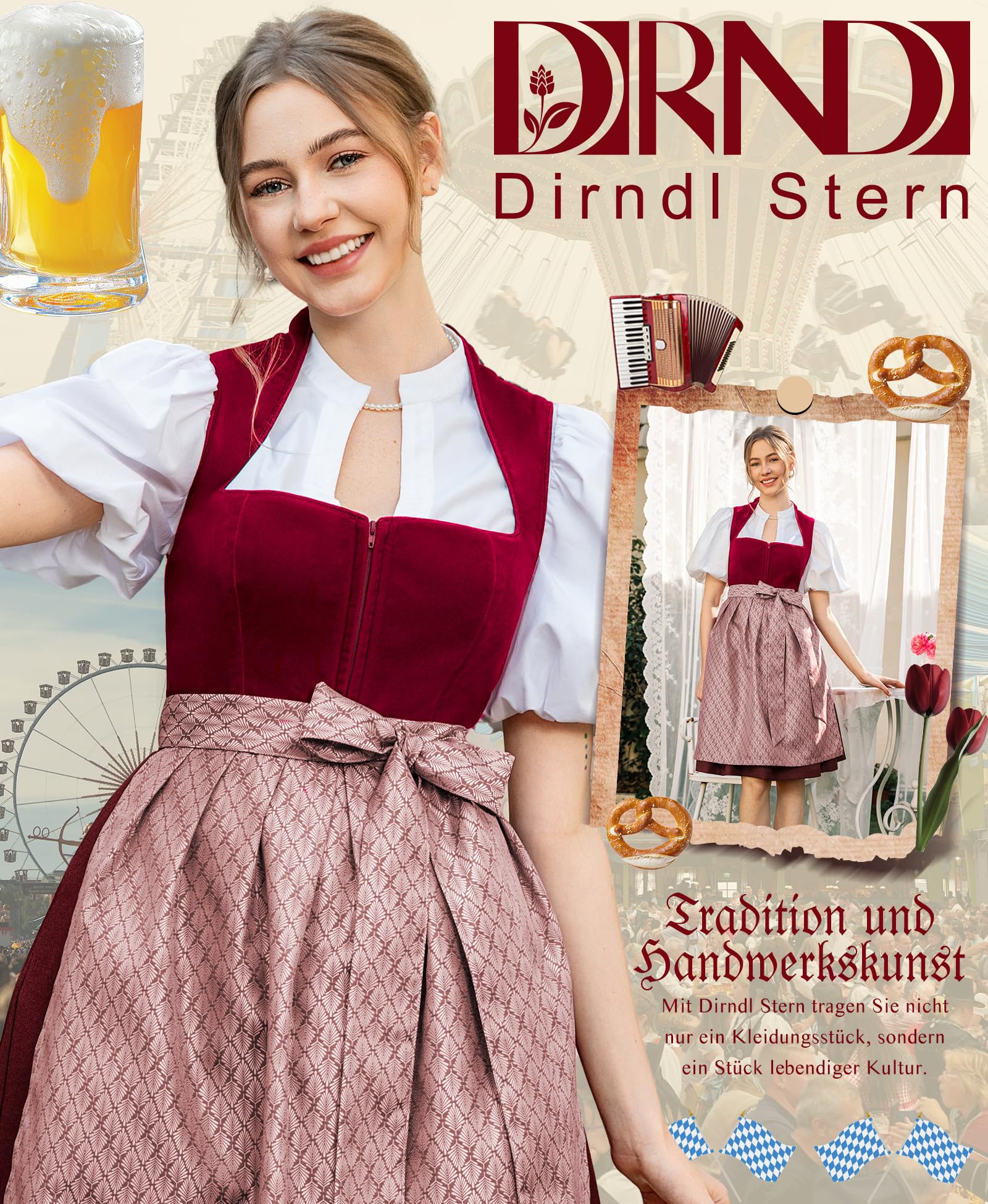 DIRNDLSTERN Damen Midi Rot - Elegantes Trachtenkleid Samt Plissee Schürze Perfekt für Oktoberfest