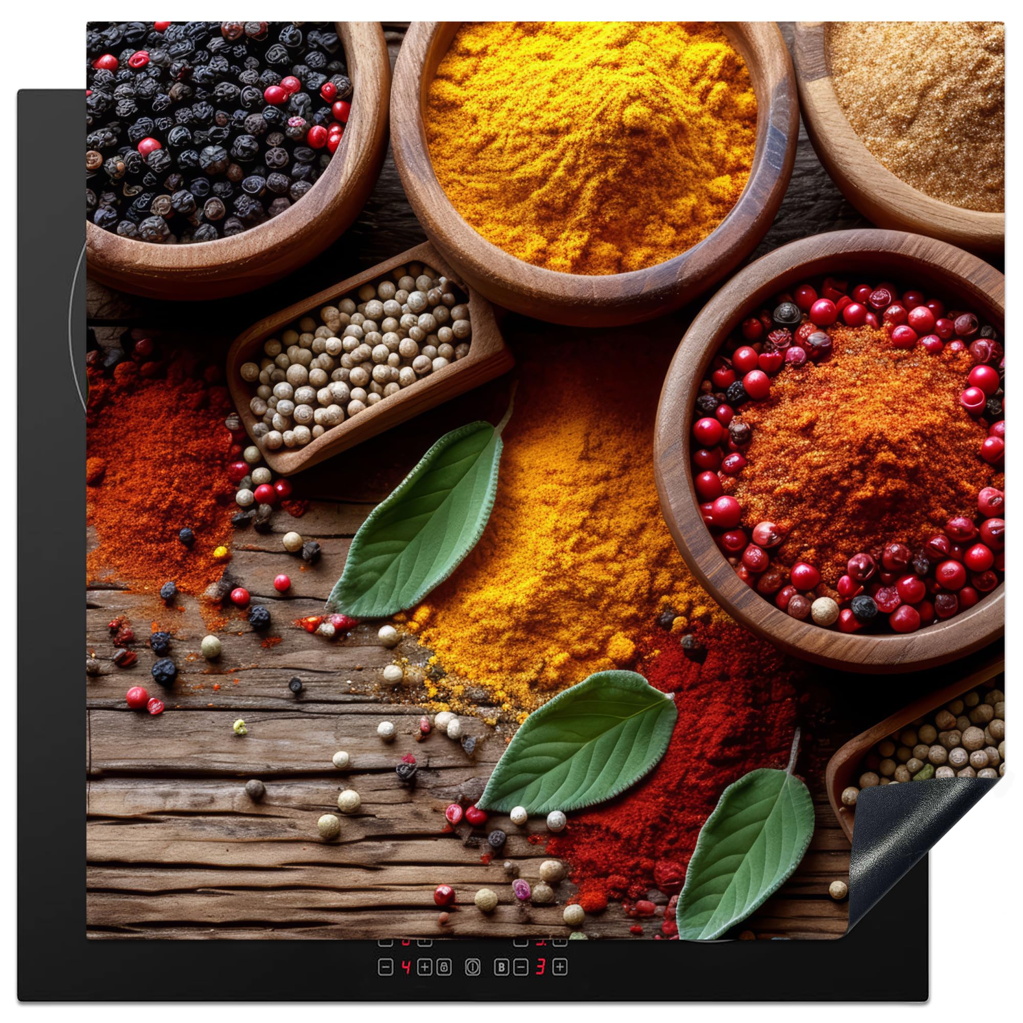 KitchenYeah© Induction Hob Protector Mat 30.7"x30.7" / 78x78 cm Cooker Top Protectors Cover Ceramic Covers Electric Hobs Vinyl Herbs - Wood Texture - Cooking - Spices