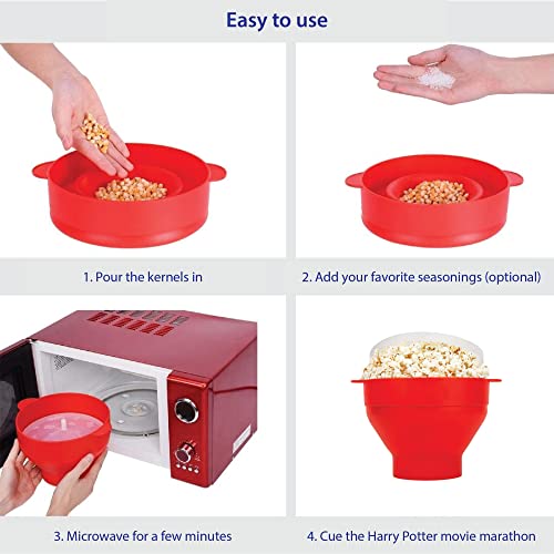 Microwave Popcorn Popper With Lids - Silicone Popcorn Maker - No Oil Or Butter Required - Collapsible Popcorn Bowls - Bpa-Free Popcorn Container - Movie Night Supplies (Red) #TOP2