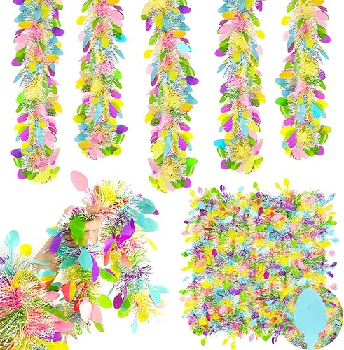 TURNMEON 5 cuerdas en total 75 pies, guirnaldas de oropel de Pascua con coloridos huevos de Pascua, serpentinas metálicas, guirnalda de flecos