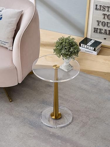 Miniatura 5 de Mesa de acrílico transparente con poste de metal de cono (pequeña, oro cepillado)