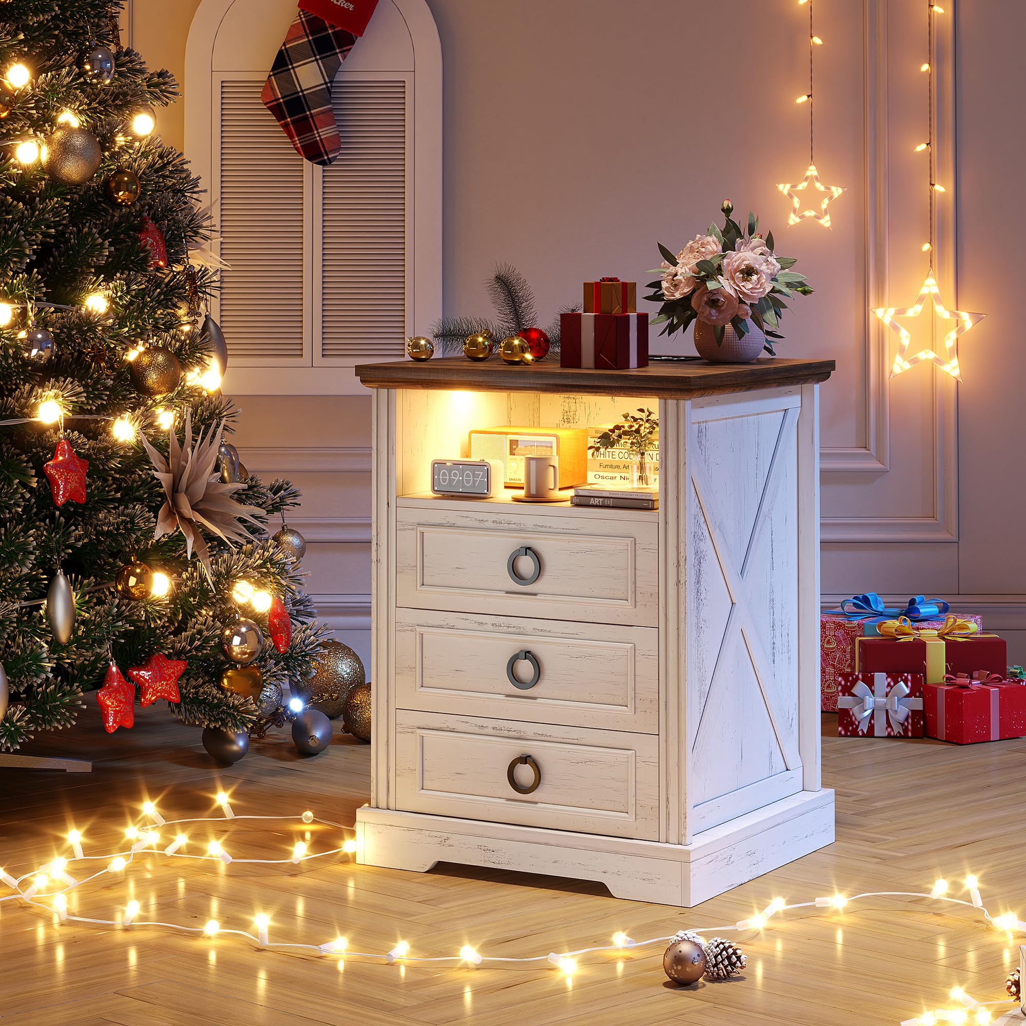 FREDEES LED Bedside Table with Charging Station, White