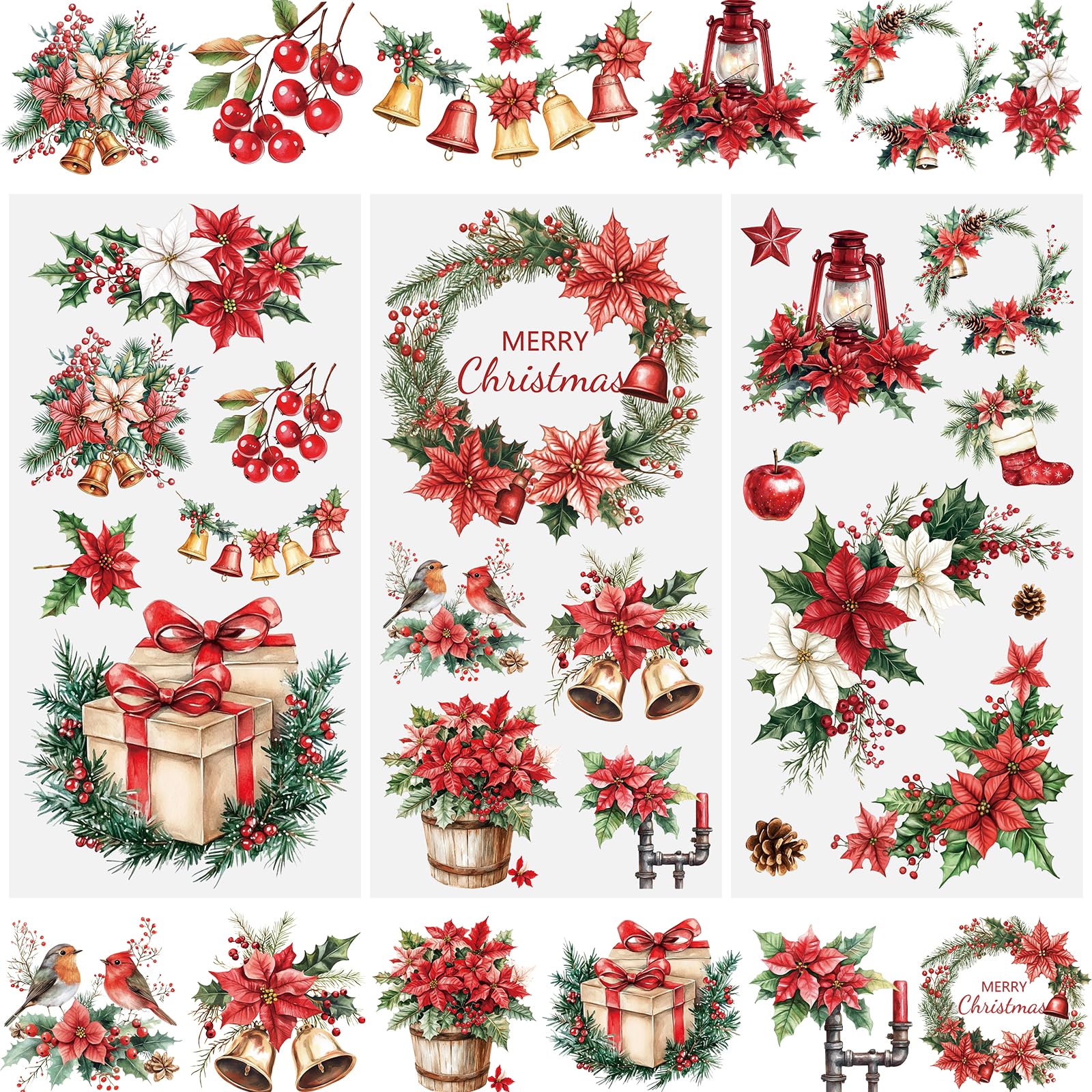 WANDIC 3 Sheets Rub on Transfers, Christmas Plants and Bell Scrapbook Sticker Gift Box Oil Lamp Junk Journals Furniture Decals for Crafts,15 * 30cm