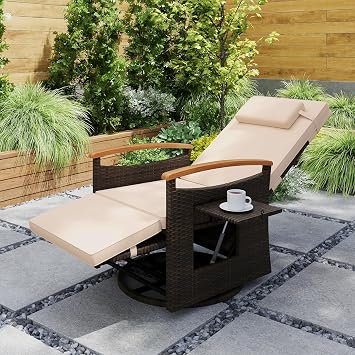 Multigot 360  Swivel Garden Recliner Armchair, Outdoor Rattan Reclining Lounge Chair with Adjustable Backrest & Footrest, Flip Table and Cushions, Wicker Sun Lounger Sunbathing Chair Beige