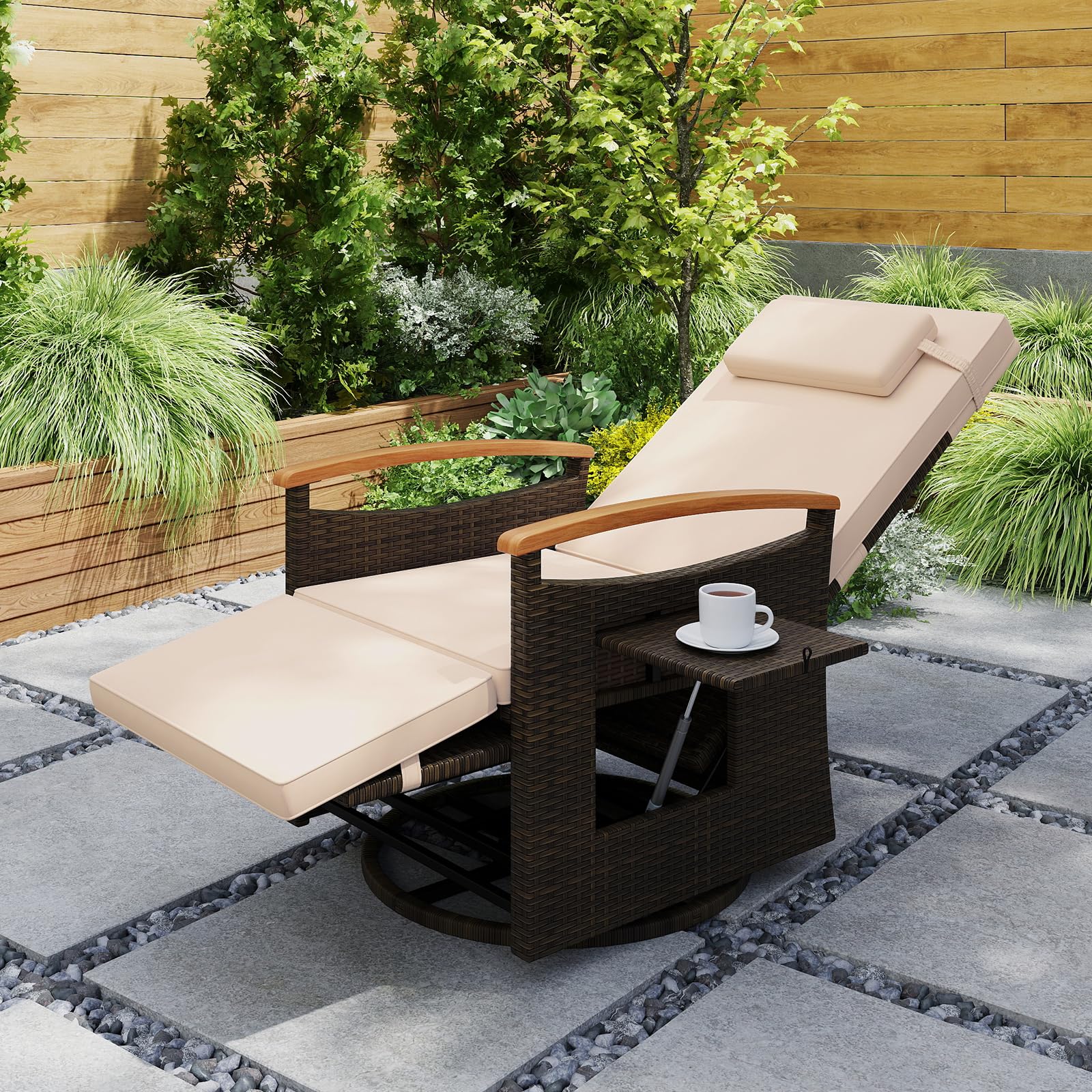 Multigot 360° Swivel Garden Recliner Armchair, Outdoor Rattan Reclining Lounge Chair with Adjustable Backrest & Footrest, Flip Table and Cushions, Wicker Sun Lounger Sunbathing Chair (Beige)