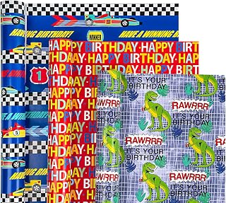 WRAPAHOLIC Birthday Wrapping Paper Roll - Mini Roll - 3 Rolls - 17 Inch X 120 Inch Per Roll - Dinosaurs/Racing Car/"Happy Birthday" Lettering for Kid's Birthday, Baby Shower