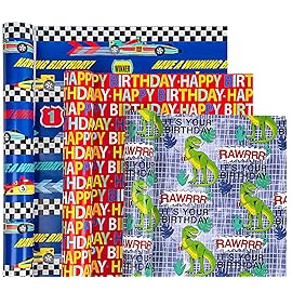 WRAPAHOLIC Birthday Wrapping Paper Roll - Mini Roll - 3 Rolls - 17 Inch X 120 Inch Per Roll - Dinosaurs and Racing Car for Kid\'s Birthday, Baby Shower