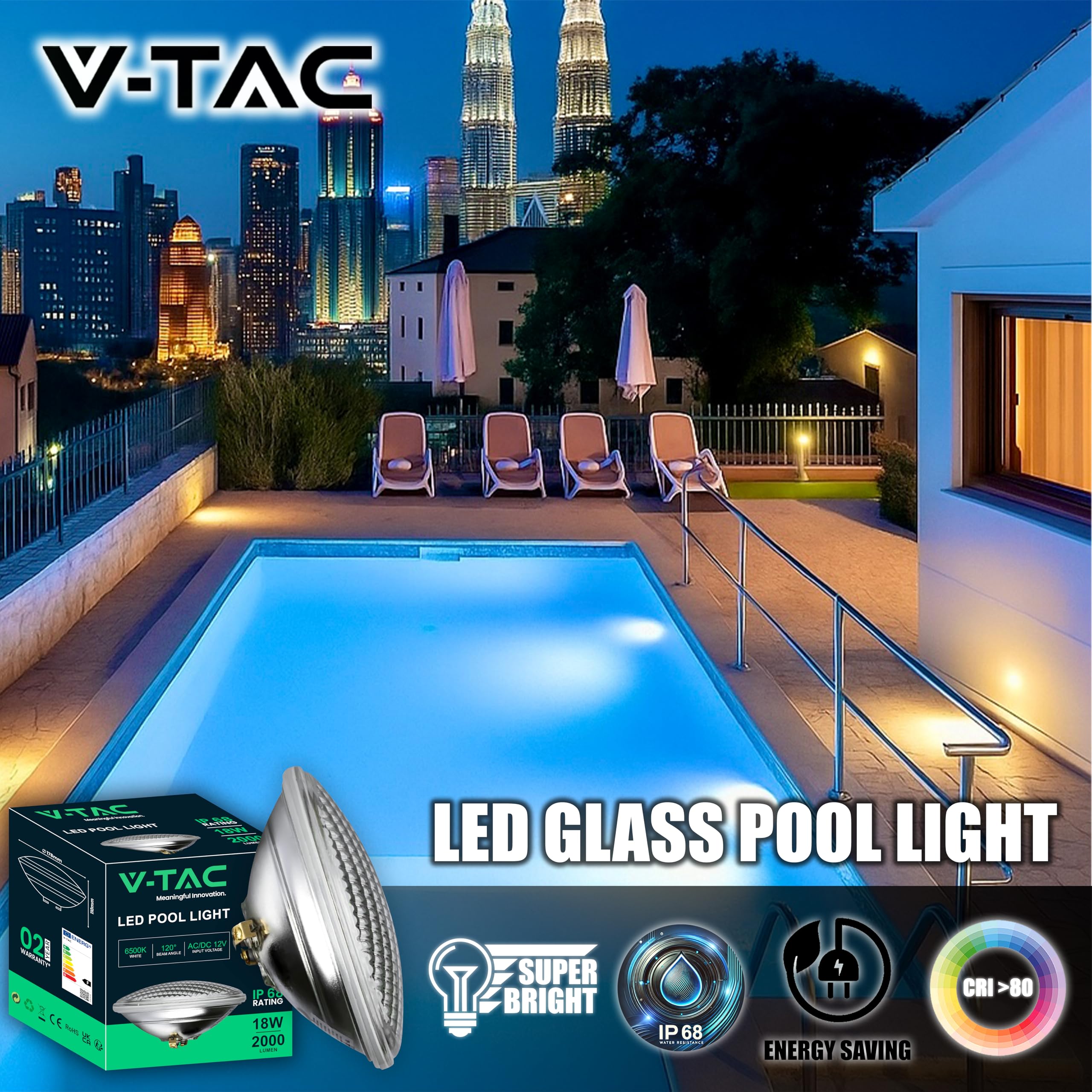 V-TAC Lampada Led da Piscina 18W - PAR56 - Lampada in Vetro Antiurto per Illuminazione Piscine e Fontane - 2000 Lumen - Luce Subacquea - Risparmio Energetico - IP68 - Luce Fredda (Confezione da 2)