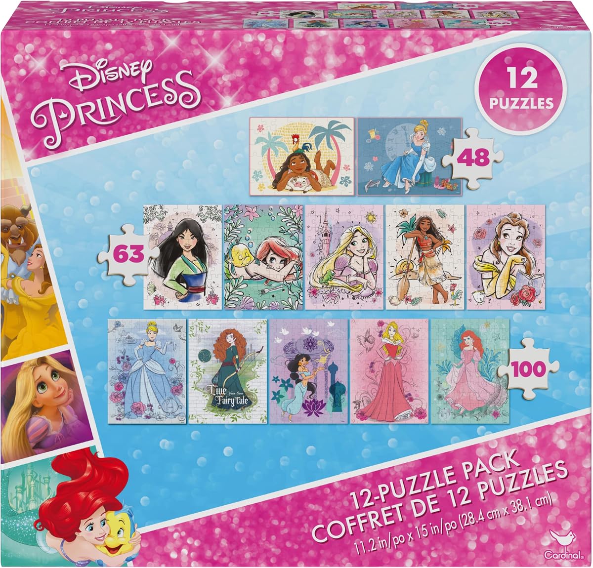 Spin Master Games, paquete de 12 rompecabezas de princesas de Disney: Moana, Ariel, Mulan, Cenicienta y más, con rompecabezas de Disney de 48, 63 y 100 piezas para niños, para edades de 4 años en adelante