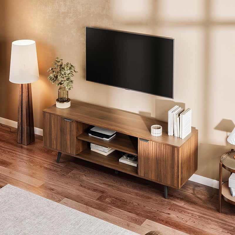 Modern TV Stand with Storage Cabinet, Wood Fashionable TV Cabinet with Waveform Panel and Adjustable Shelf, Entertainment Center TV Stand for TV, Living Room (Dark Walnut Wood) image 4