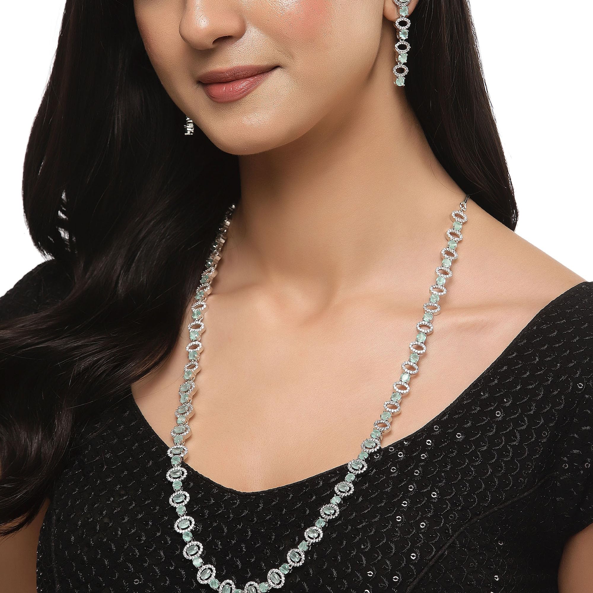 Rhodium-Plated American Diamond Long Necklace Earrings Set