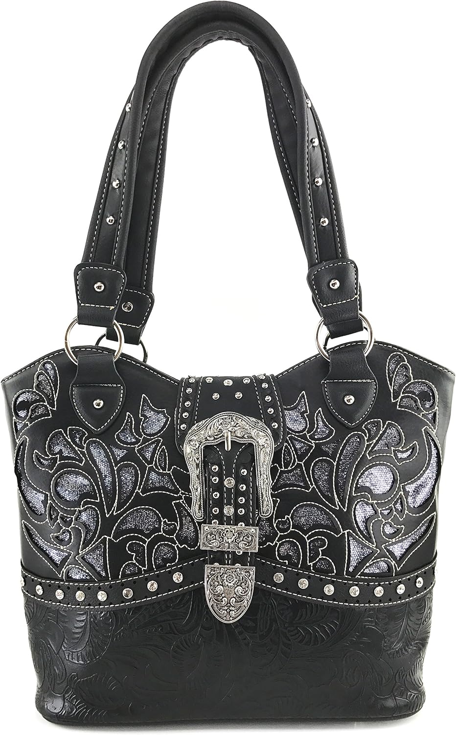 Justin West Gleaming Laser Cut Rhinestone Buckle Studded Concealed Carry Handbag Purse