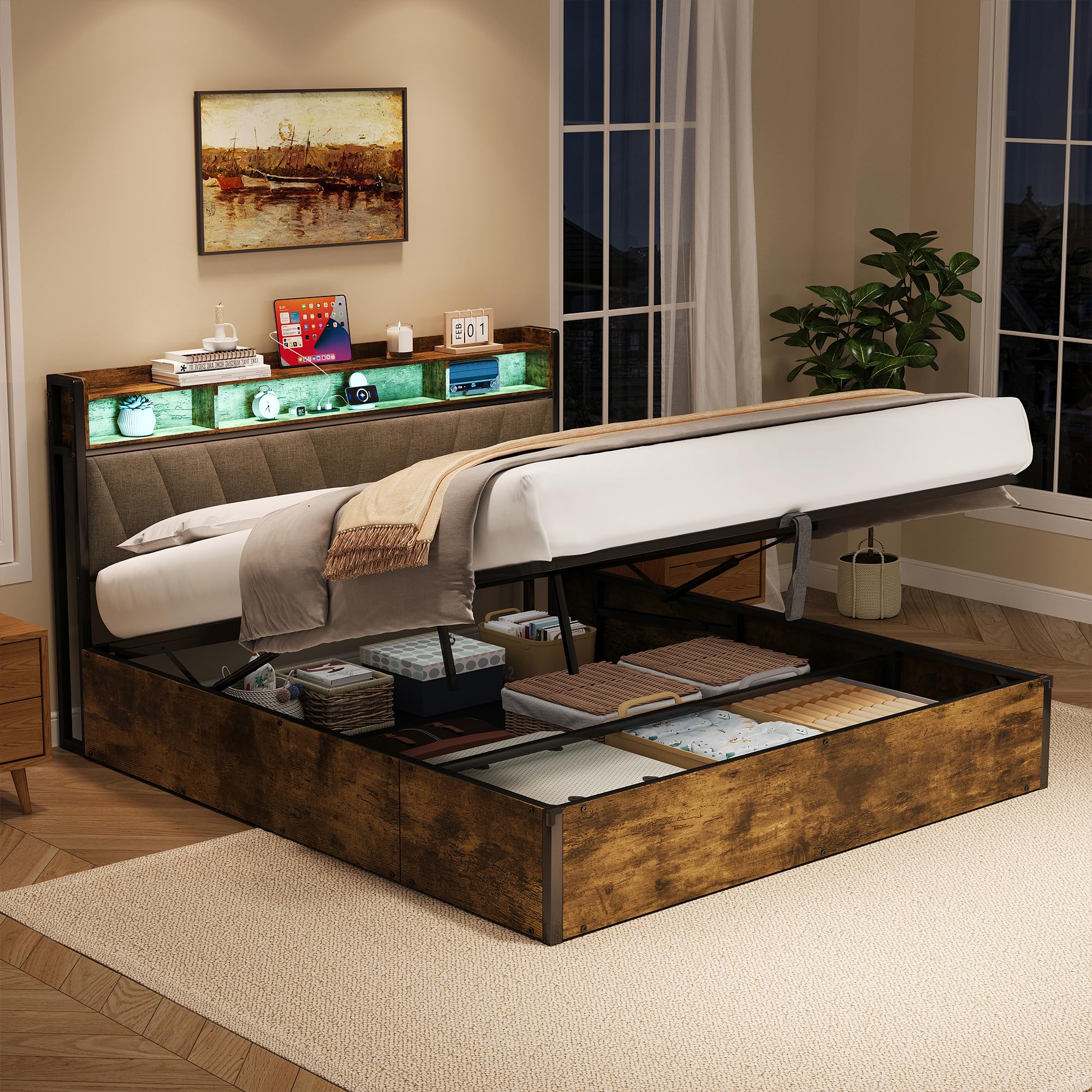 Merax 5ft King Bed Frame LED Upholstered Bed 150x200cm with Hydraulic Storage with USB & Type-C Charging Ports, No Box Spring Needed, Easy Assembly – Black + Walnut (No Mattress) — image 1