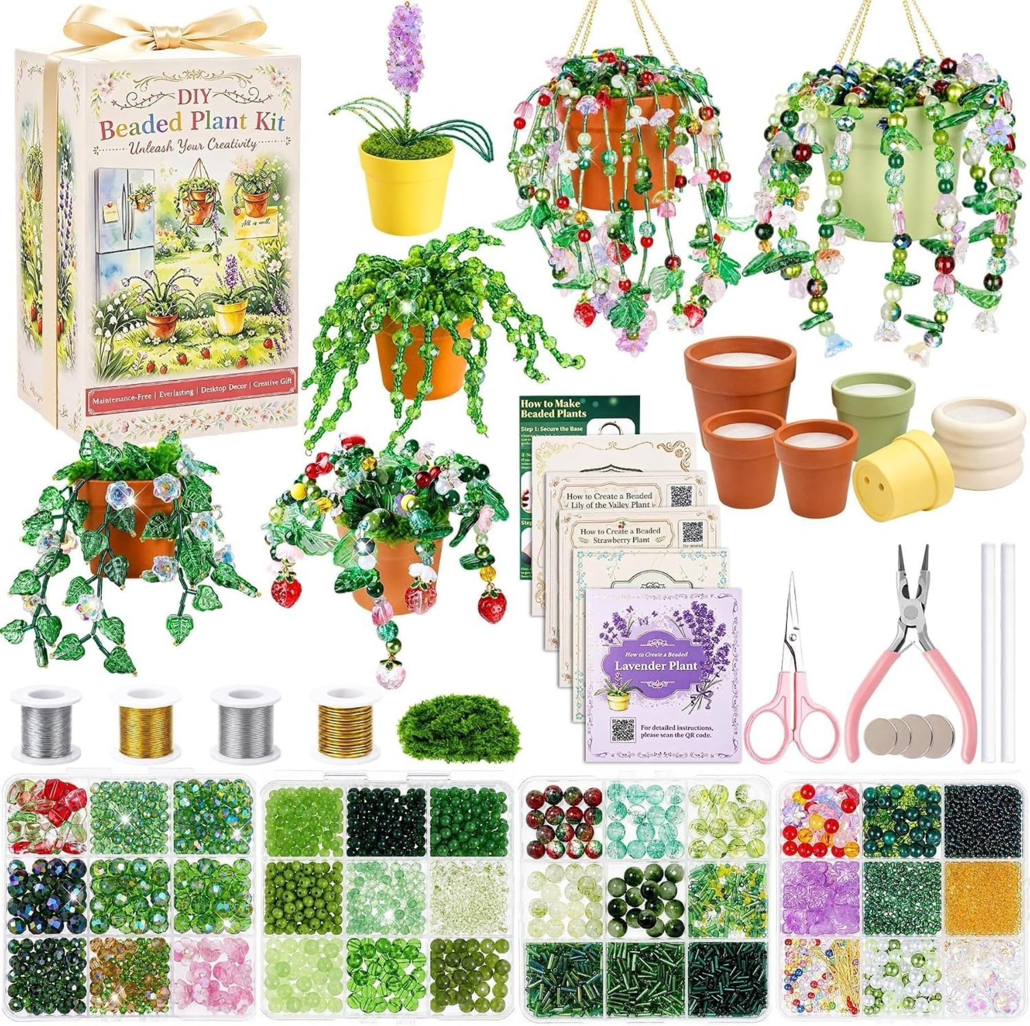 Perlenpflanzen DIY Set mit Grüne Perlen Töpfen Werkzeugen und Anleitung (A) | Kühlschrankmagnete, Grüne Glasperlen zum Auffädeln, Perlen-Set für Pflanzen-Liebhaber und Bastler
