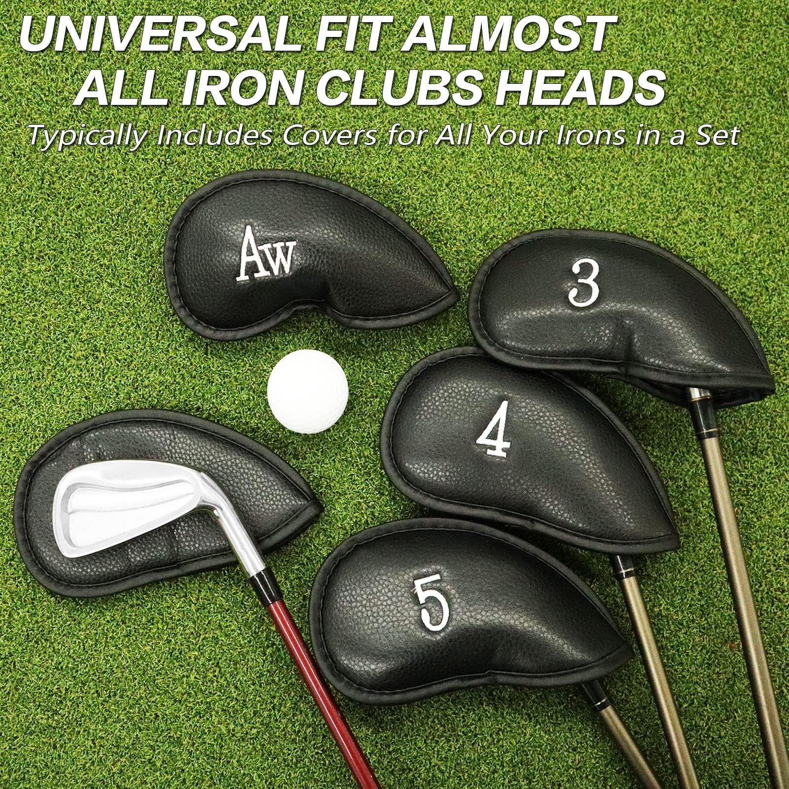 FINGER TEN Golf Headcover żelazne osłony na głowie ze sztucznej skóry, Iron Head Covers Value Set of 12 czerwonych, niebieskich czarnych dla mężczyzn i kobiet (czarne)