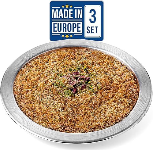Volarium Kunefe - Platos medianos de cocina y servir para Kunafa, Kataifi, Knafeh y masa filo triturada, juego de 3, aluminio, plateado (mediano)