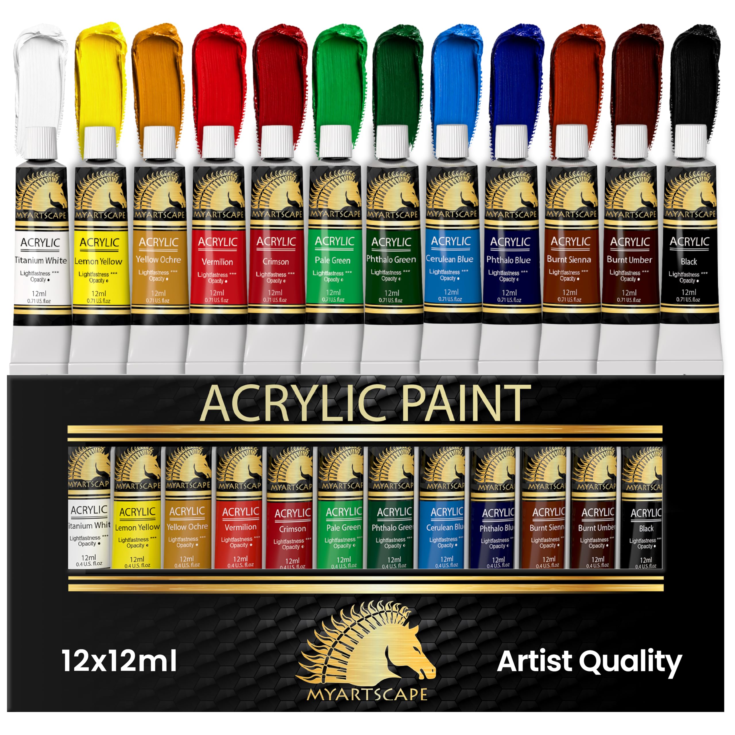 Myartscape Set Of 12 X 12Ml Acrylic Paint Set - 12 X 12Ml Tubes - Lightfast - Heavy Body - Great Tinting Strength - Professional Grade – Artist Quality Painting Supplies - Premium Paints