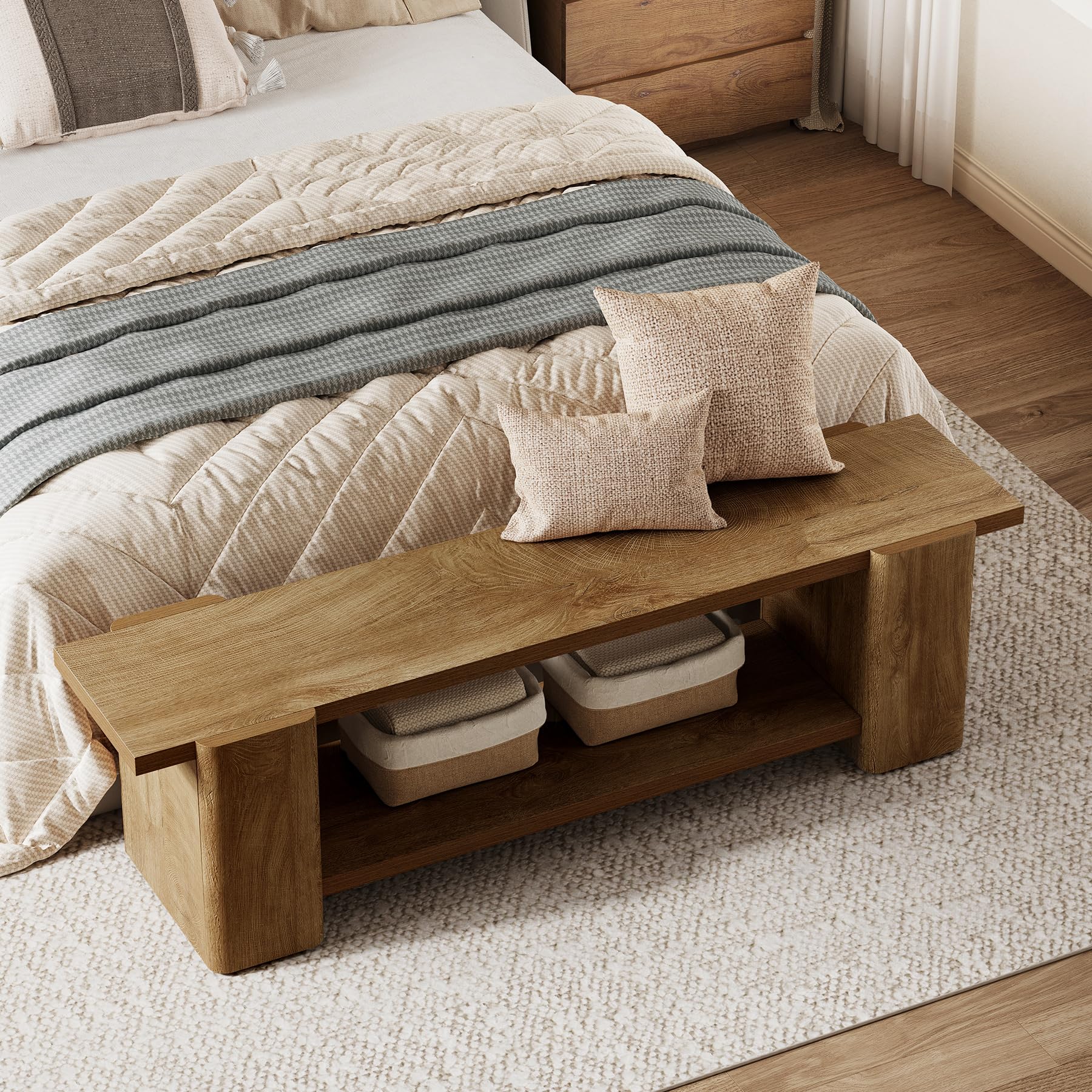 LITTLE TREE Wood Entryway Bench, 63" End of Bed Bench with Storage Shelf, Farmhouse Extra Long Shoe Bench for Entryway, Dining Room, Hallway, Living Room, Bedroom, Double-Reinforced Legs, Natural Oak
