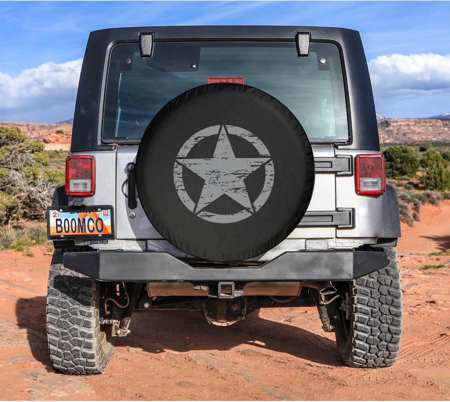 Boomerang - 32" Distressed Star - Spare Tire Cover - (Black Denim Vinyl) for Jeep Wrangler JK (2007-2018) - Silver Print - Made in The USA