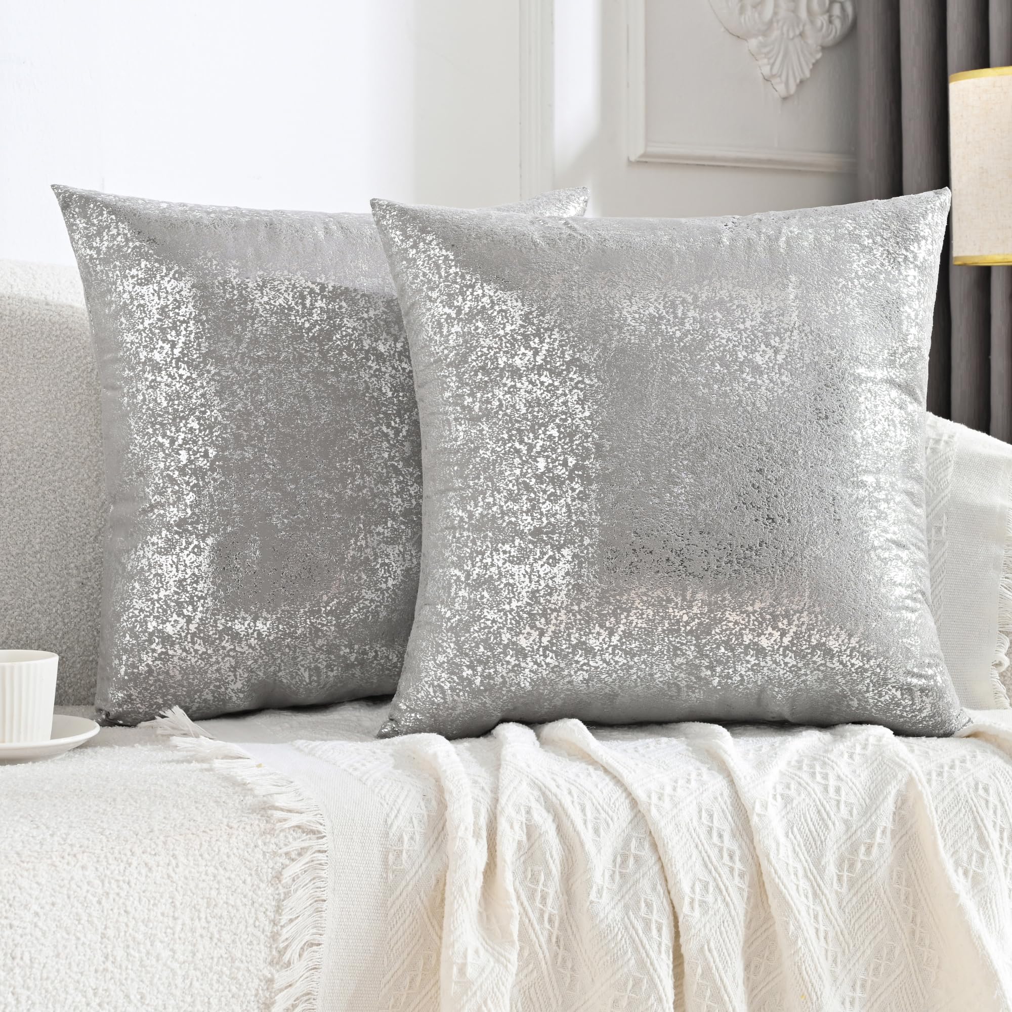 JELLYMON Sparkling Decorative Pillow Covers Set of 2, Silver Glitter Throw Pillows Cover 16 x 16 Inch for Living Room Bed Sofa Couch, Morden Home Luxury Decor(16x16in,Silver Light Grey)