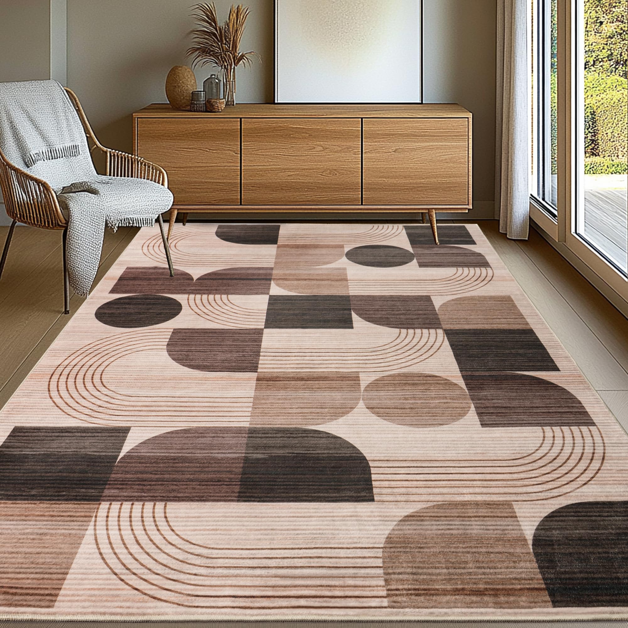 Tappeto per soggiorno, moderno motivo astratto, tappeto per soggiorno, cioccolato, 200 x 230 cm, a pelo corto, per soggiorno, lavabile, grande tappeto di lana per camera da letto, ufficio