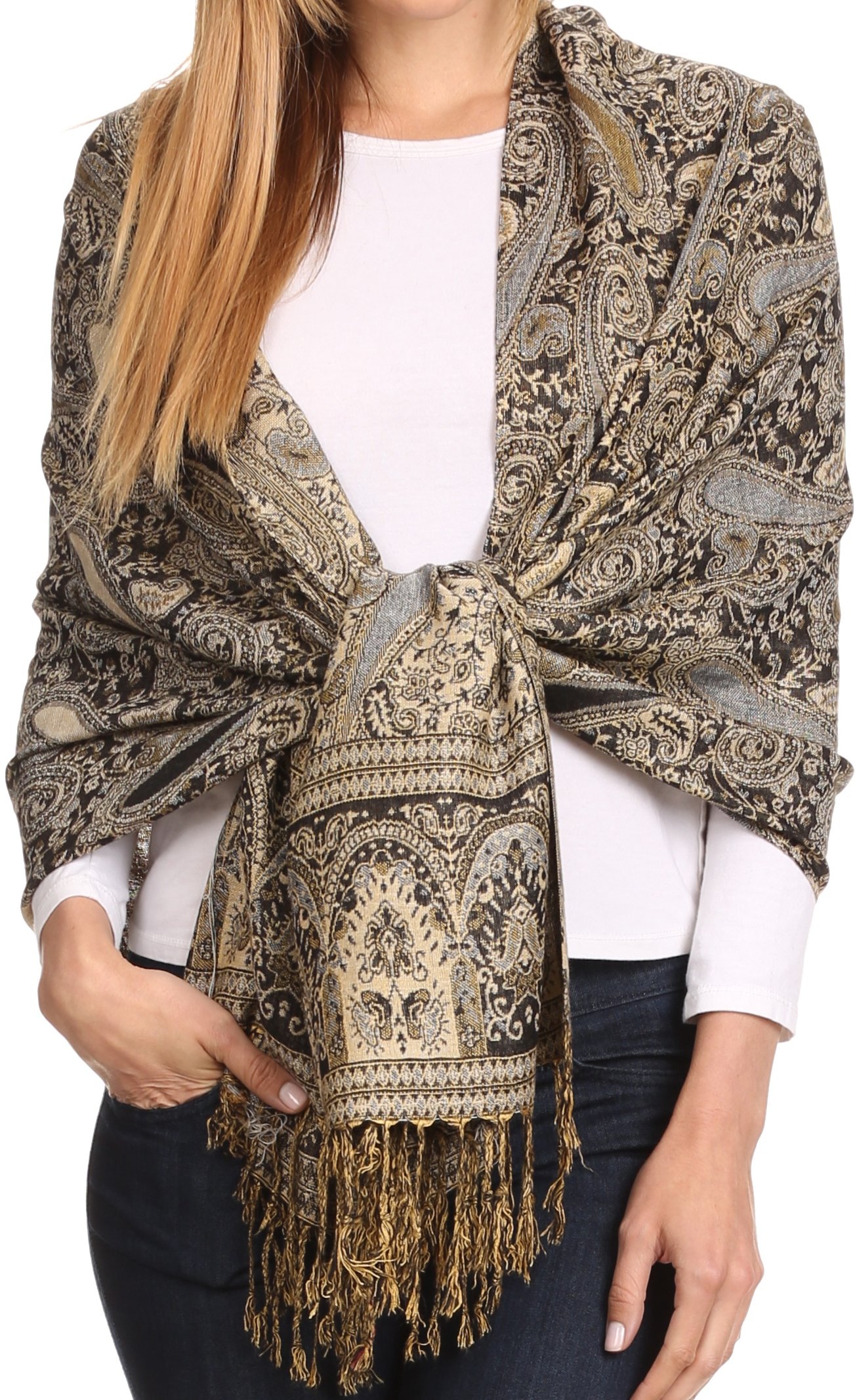 Sakkas Women's Navy 16125 - Kalin Long Wide Woven Patterned Fringe Tassel Pashmina Shawl/Scarf - Os