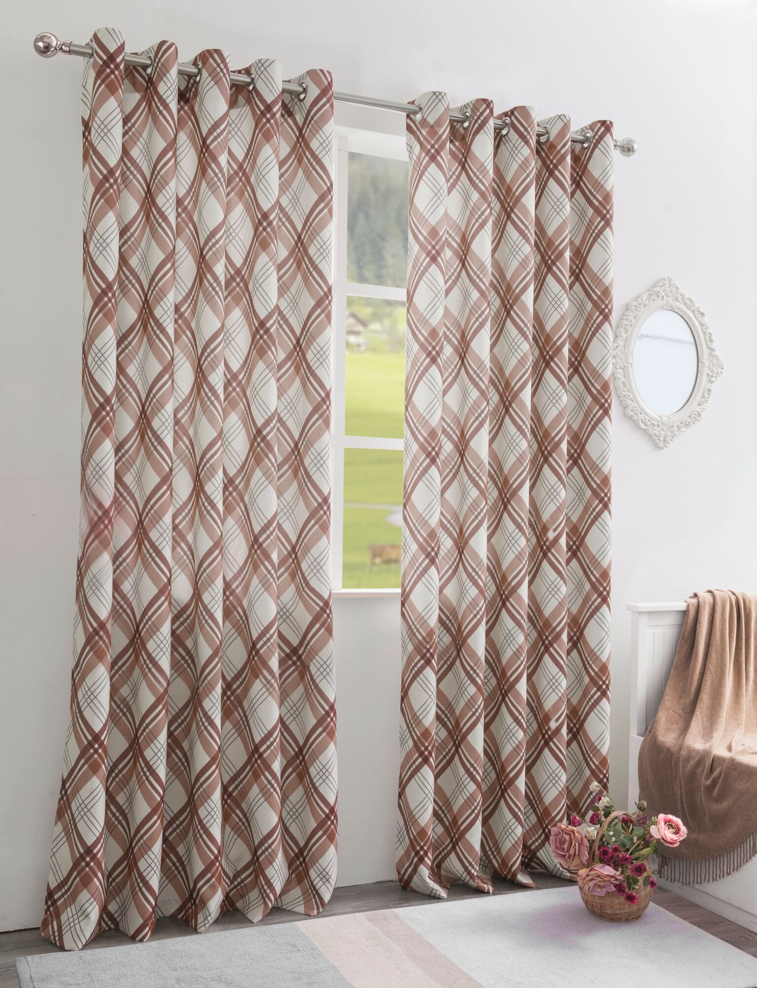 Home Harmony Highland Check Tartan Thermal Blackout Eyelet/Ring Top Curtains (Beige, 46" x 54" (117cm x 137cm))