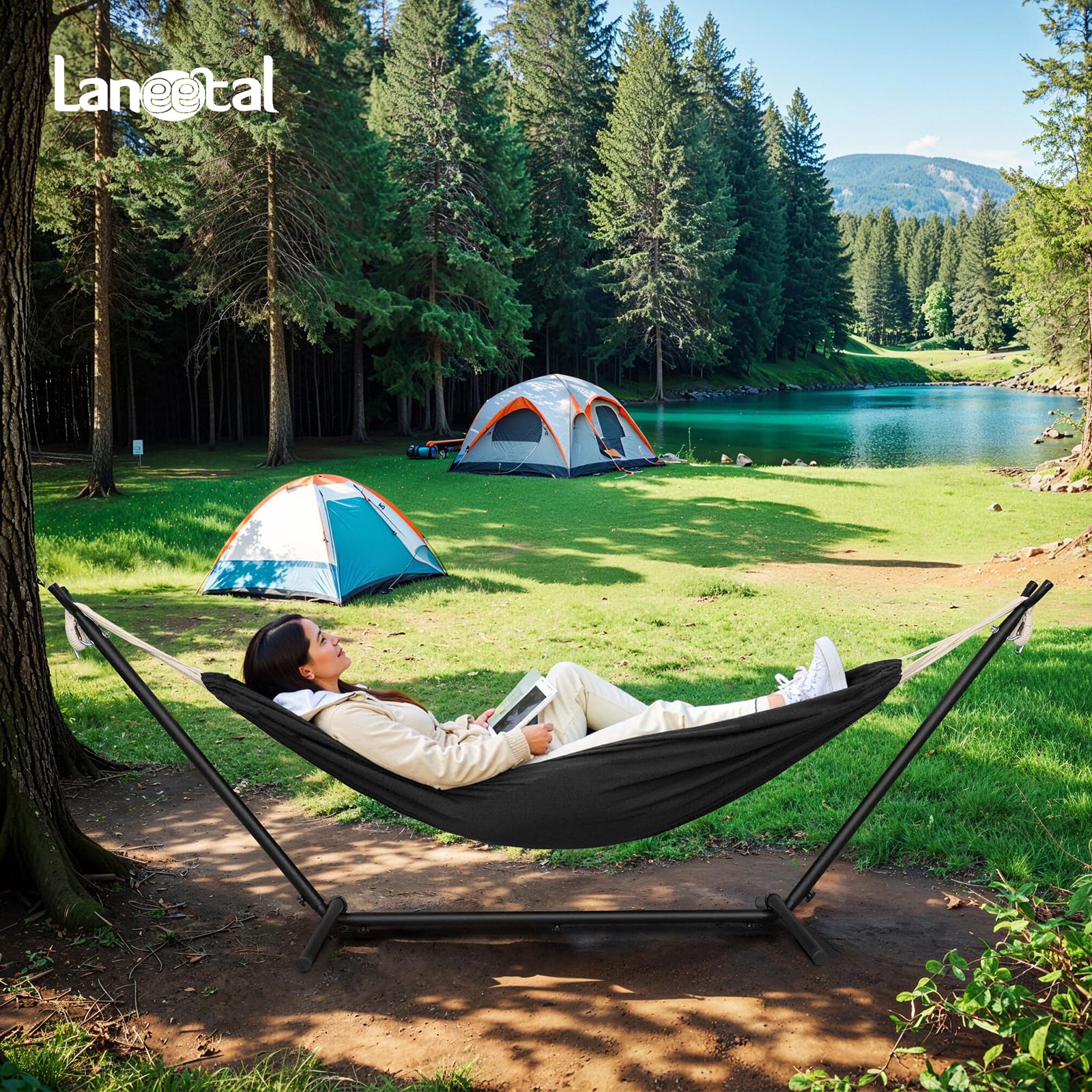Laneetal Hängematte mit Gestell,Hängematte Indoor & Outdoor, Doppel für 2 Personen, 250 kg belastbar,mit Tragtasche, für Indoor Schwimmbad Terrasse Hof Garten Balkon (Dunkelgrau, 280 * 106 * 100cm)