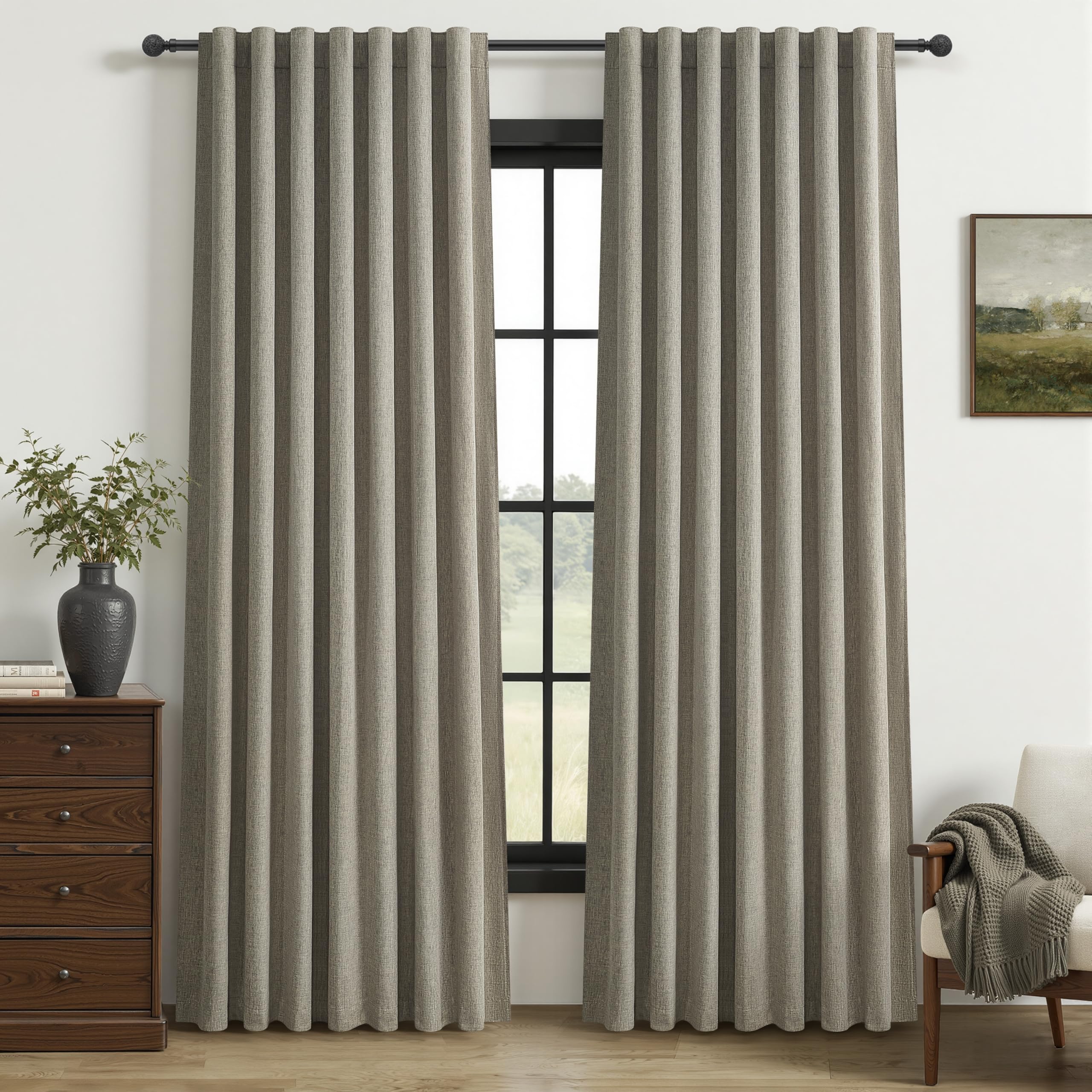 Sage Green Blackout Linen Curtains 90 Inches Long for Living Room/Bedroom, Pleated Window Track Heavy Curtain for winter with Pin Hooks Boho Dark Green Drapes Thermal Insulated (50"Wx90"Lx2Panels) โ image 1