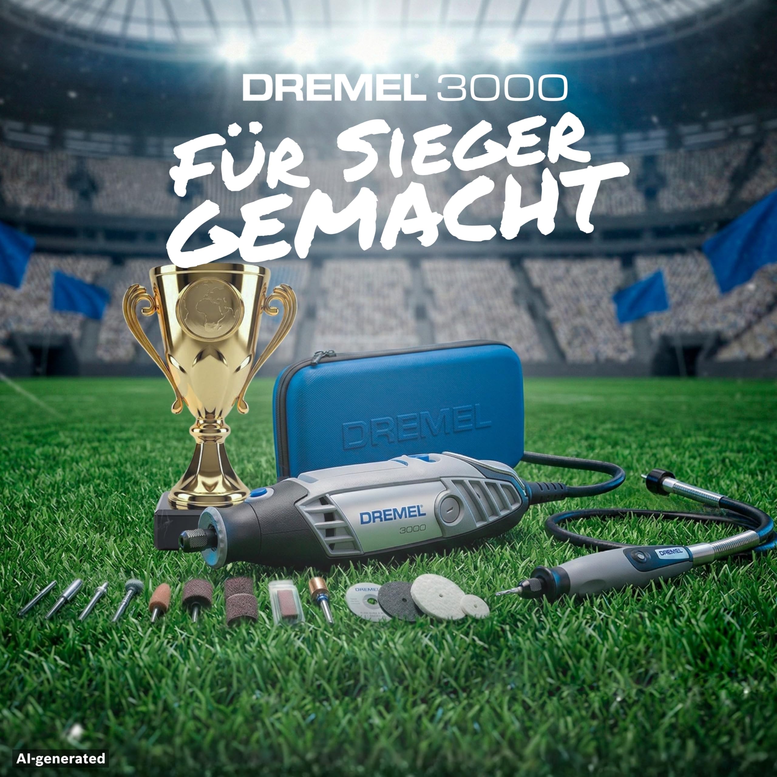 Dremel 3000 Champion Multifunktionswerkzeug mit 130‑W‑Motor bis zu 33.000 U/min inkl 25 Zubehöre, gravierbare Trophäe, Transporttasche, Biegsame Welle zum Trennen, Schnitzen, Schleifen – Sonderedition