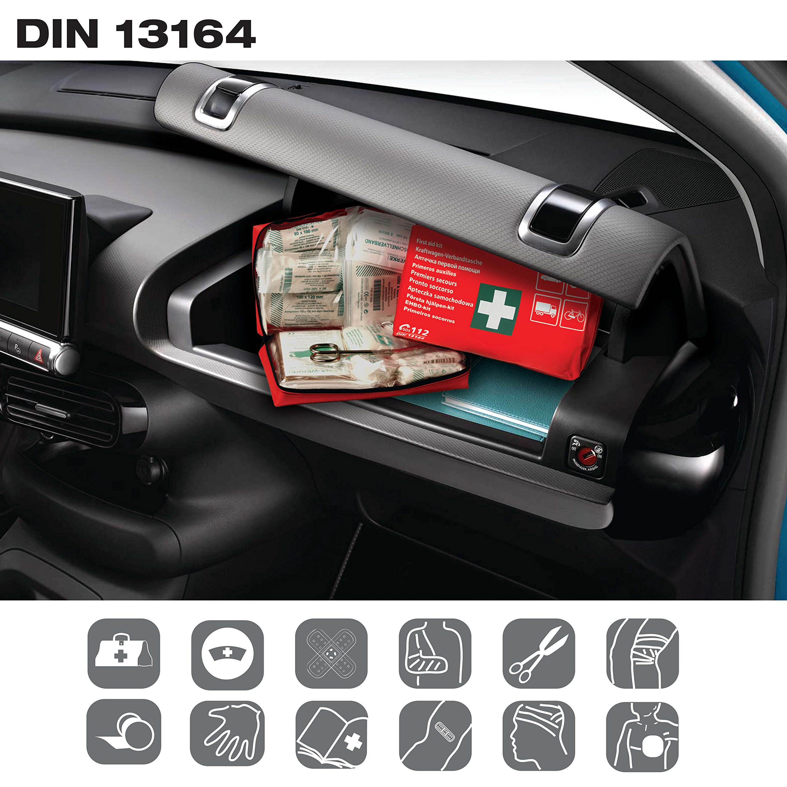 S SUMEX Botiquín Primeros Auxilios DIN 13164 Kit Emergencia para Coche, Cumple Normativa Europea, Equipamiento Completo, Bolsa Roja