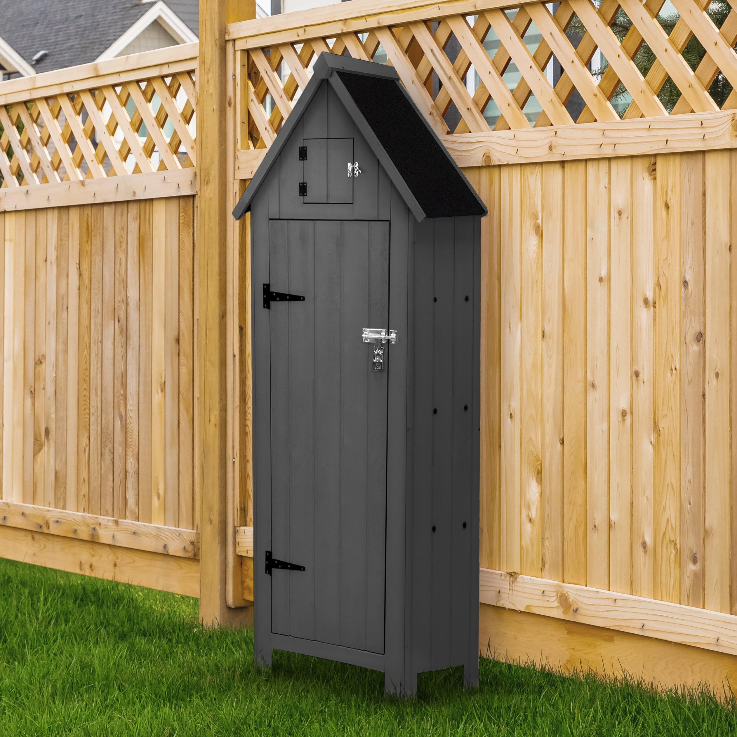 Cobertizo de Jardín de Madera Gris Almacenamiento Almacenaje Caseta Exterior Organizador Herramientas Jardin Estantes Esquina Ganchos para Colgar Sobre Puertas Candado llaves + Kit Fijación GRATIS