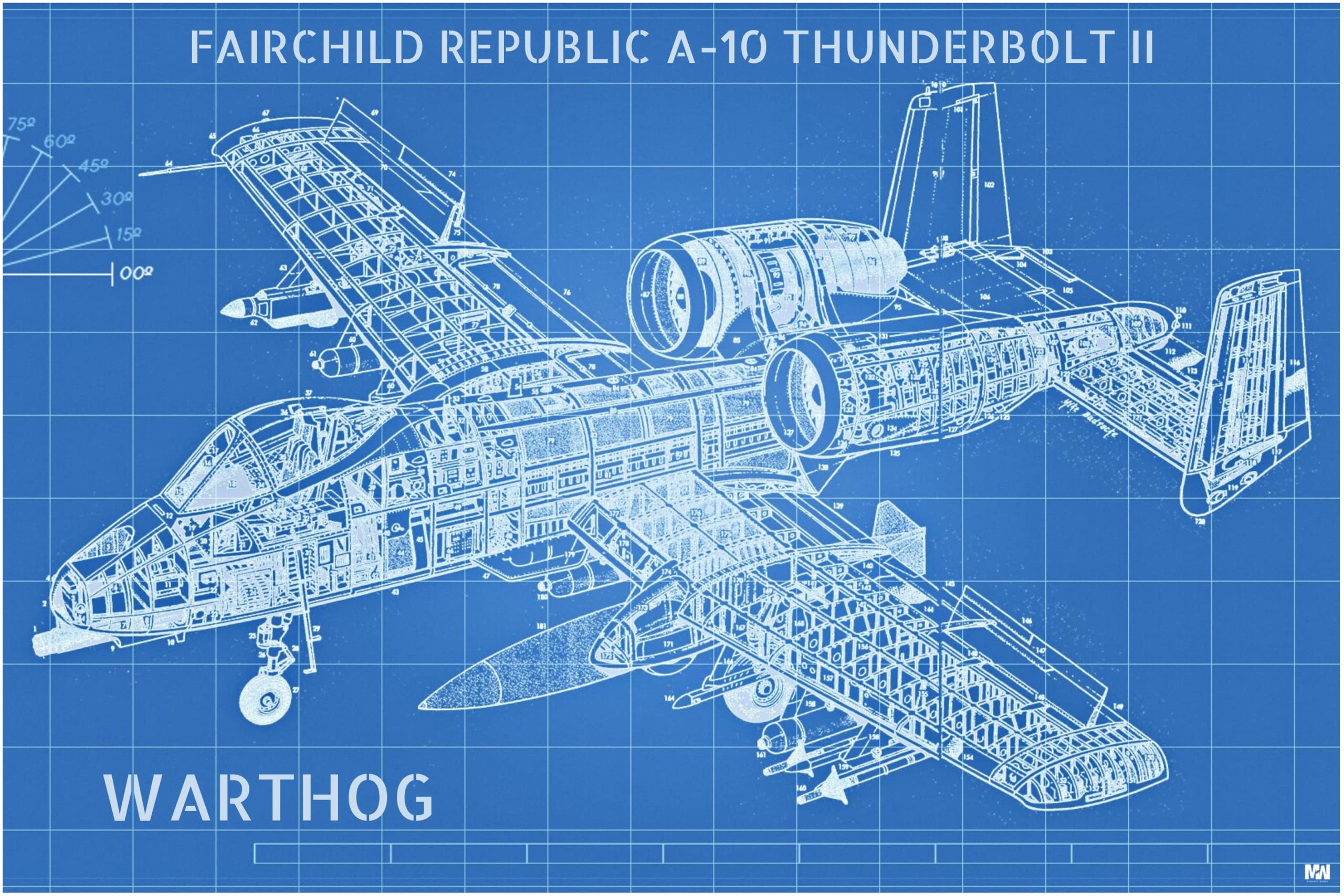 Midnight Works A-10 Thunderbolt II Warthog Fighter Aircraft Blueprint Poster 18 x 12 inch 300 GSM
