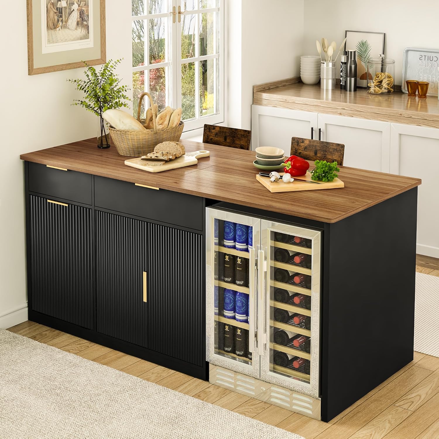 GDLF 75.6" W Large Kitchen Island with Storage and Fridge Space, Modern Kitchen Bar Island Table with Drawers and Trash Bin Space
