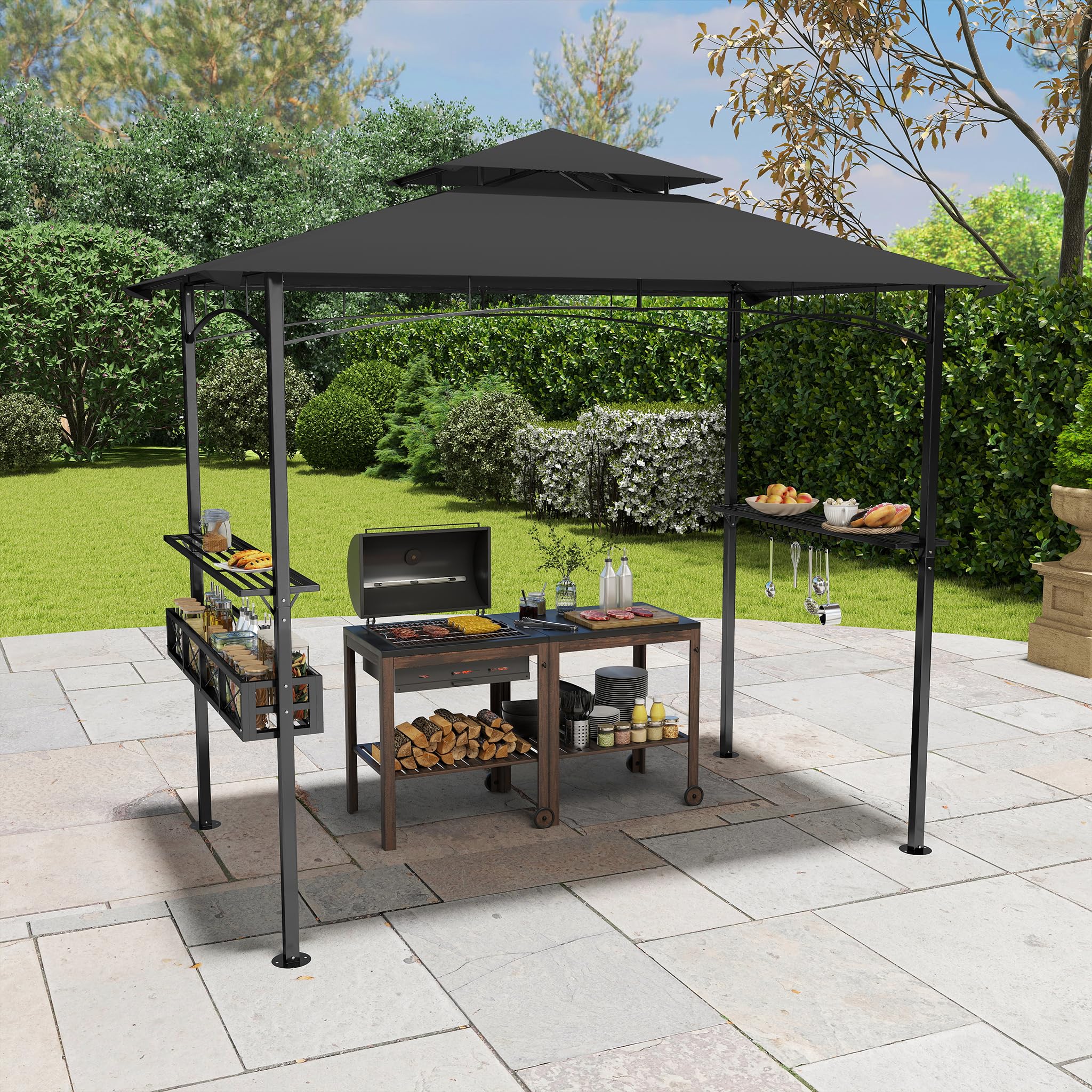 UISEBRT Gazebo per barbecue resistente all'inverno con telaio in metallo e tetto in poliestere, 245 x 153 x 250 cm, protezione da pioggia e sole, include cestino portaoggetti, gazebo per