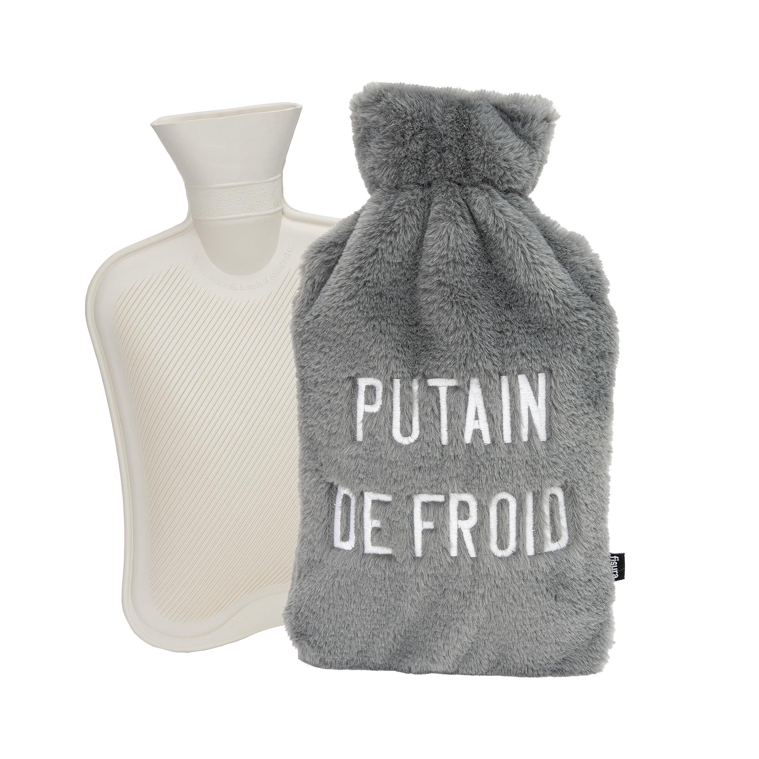 Fisura - Bottiglia dell'acqua calda. Bottiglia dell'acqua calda da 2 L. Bottiglia dell'acqua calda con coperchio morbido. Borsa antidolorifica. Lavabile. (P*tain de froid, grigio)