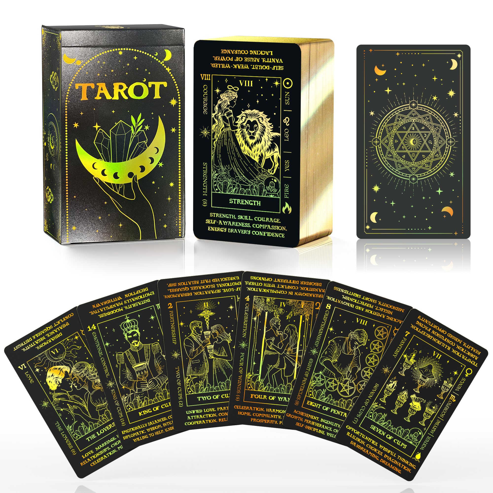 WJPC Tarotkarten mit schwarzem Goldrand, ohne Leitfaden, Set Tarotdeck-Karten mit Bedeutungen auf ihnen (Schwarzgold)