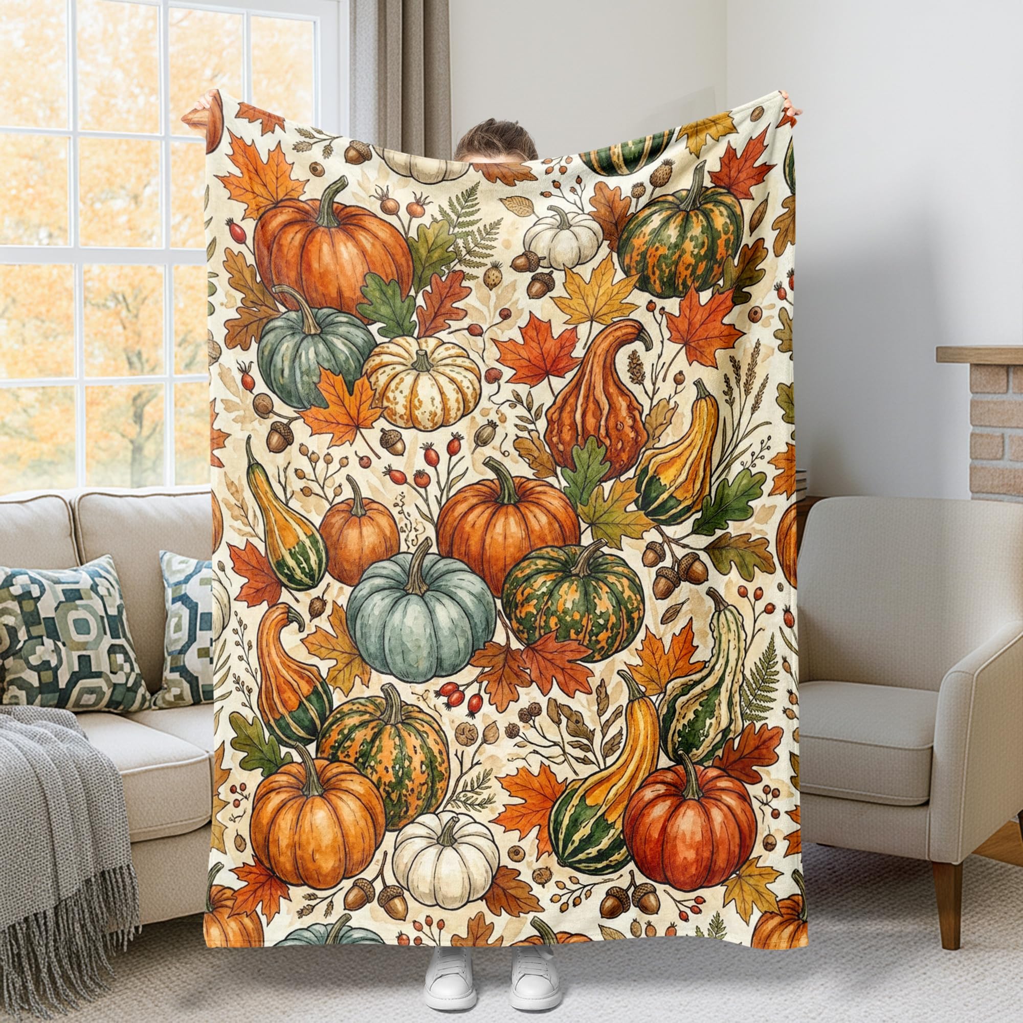 Jeté de citrouilles en polaire 127x152 cm orange rustique pour lit et canapé