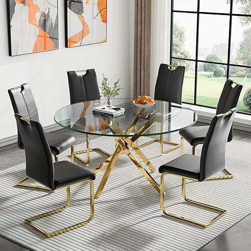 Miniatura 18 de Juego de 4 mesas de comedor modernas de 5 piezas, mesas de comedor redondas de vidrio templado de 36 pulgadas y 4 sillas de comedor negras de cuero,
