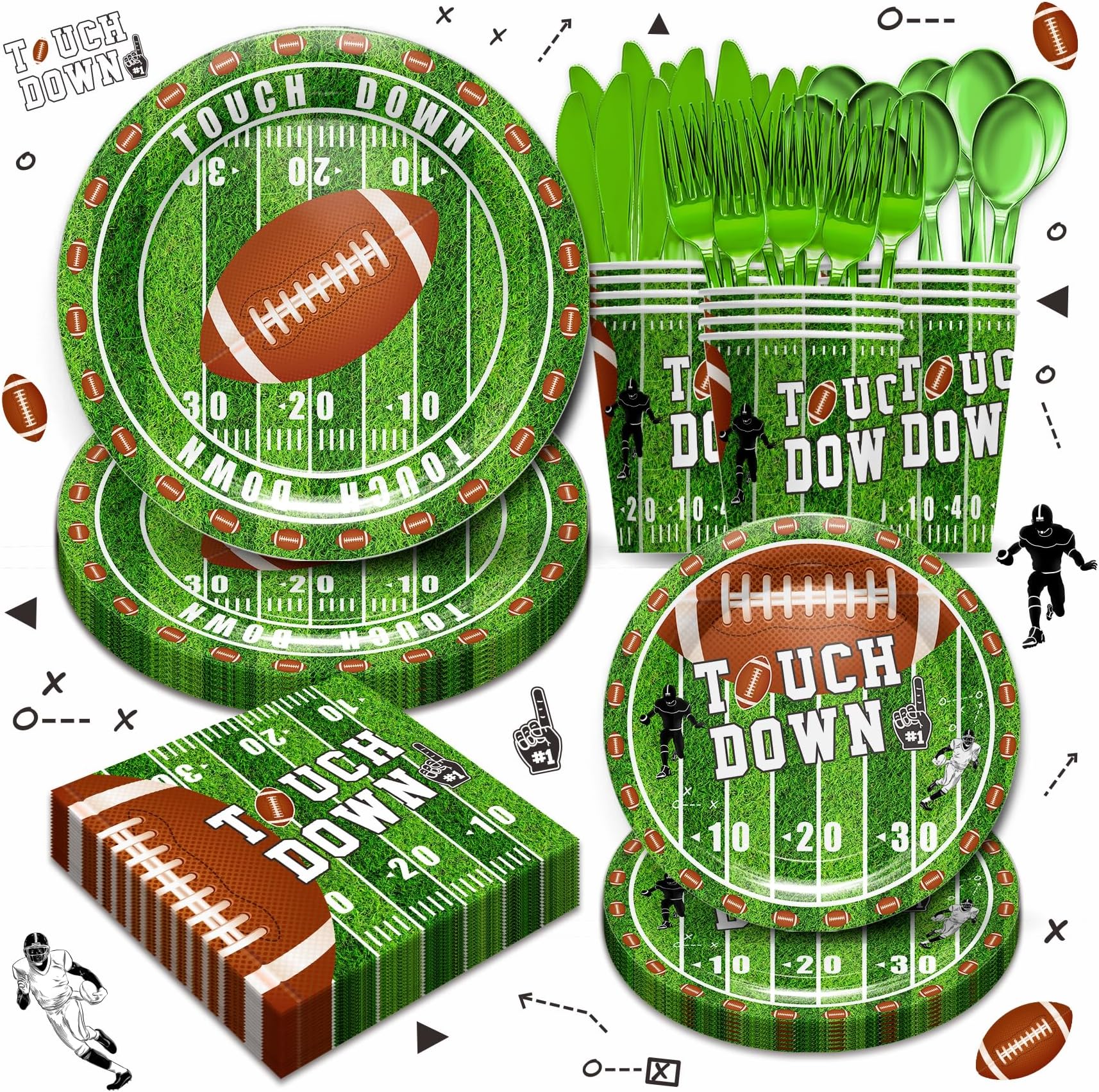 Piooluialy Football Birthday Party Supplies - Touchdown Green Football Themed Party Decorations Include Dinner Plates, Cups, Napkins, Cutlery for 24 Guests