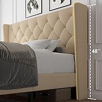 Vista 7 de iPormis - Base de cama tapizada de tamaño completo con cabecera capitonada con botones, base de cama tapizada con listones de madera sólidos, 20 cm